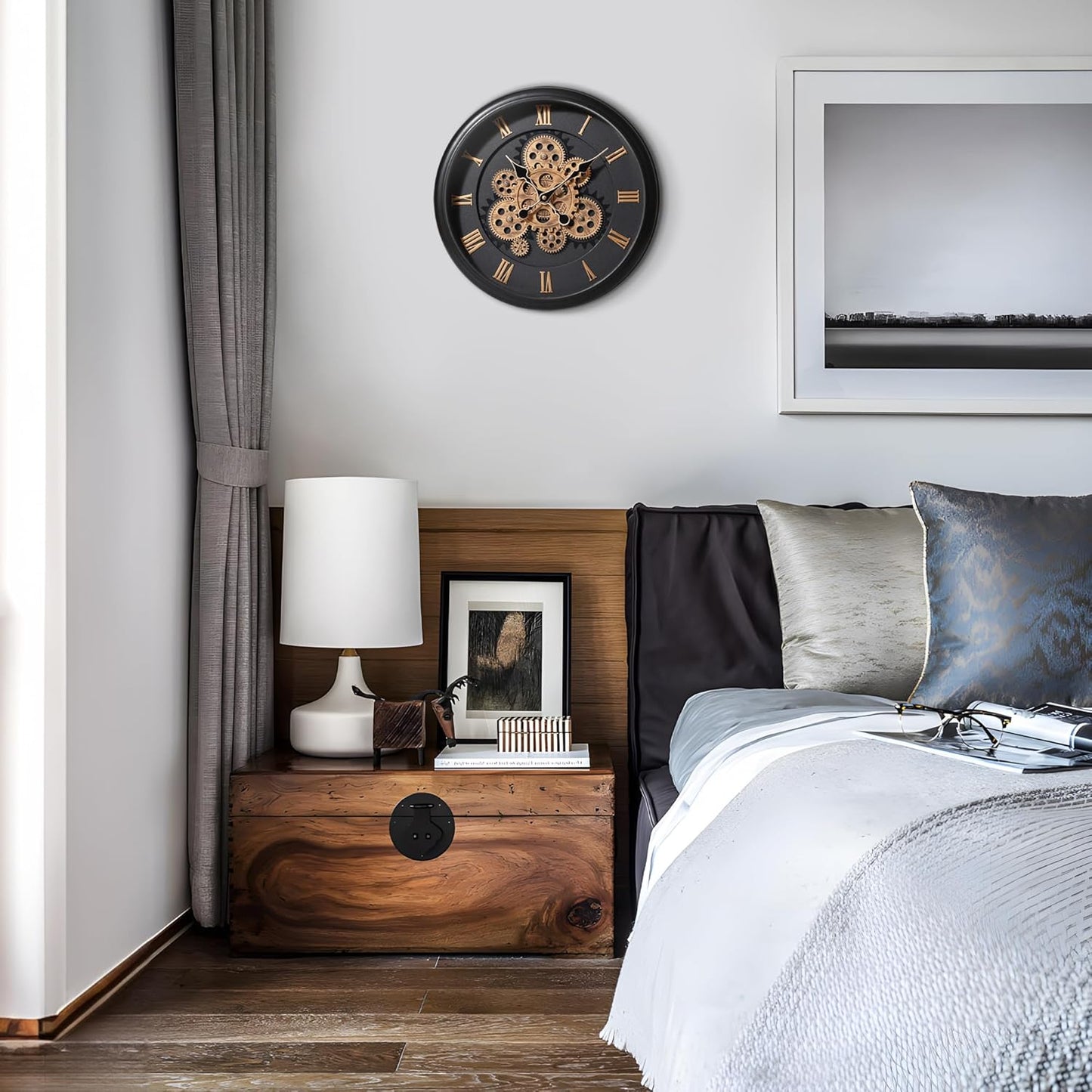 Maxstar Large Moving Gear Wall Clock,16" Vintage Mechanical Battery Operated Industrial Wall Clocks for Farmhouse Living Room,Home Office, Dinning Room, Kitchen, Steampunk Decor-Black,Roman Numeral