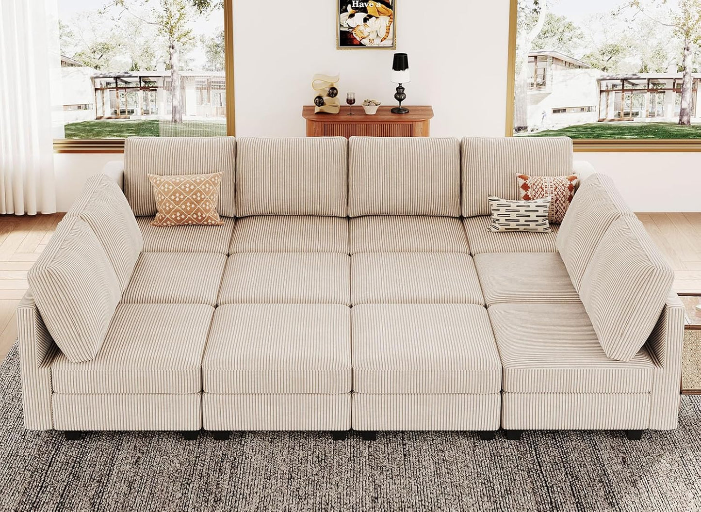 Belffin Oversized 12 Seat Modular Sectional Sleeper Sofa Convertible Sleeper Sofa with Storage Seat Large Corduroy Modular Sectional Couch for Living Room Beige