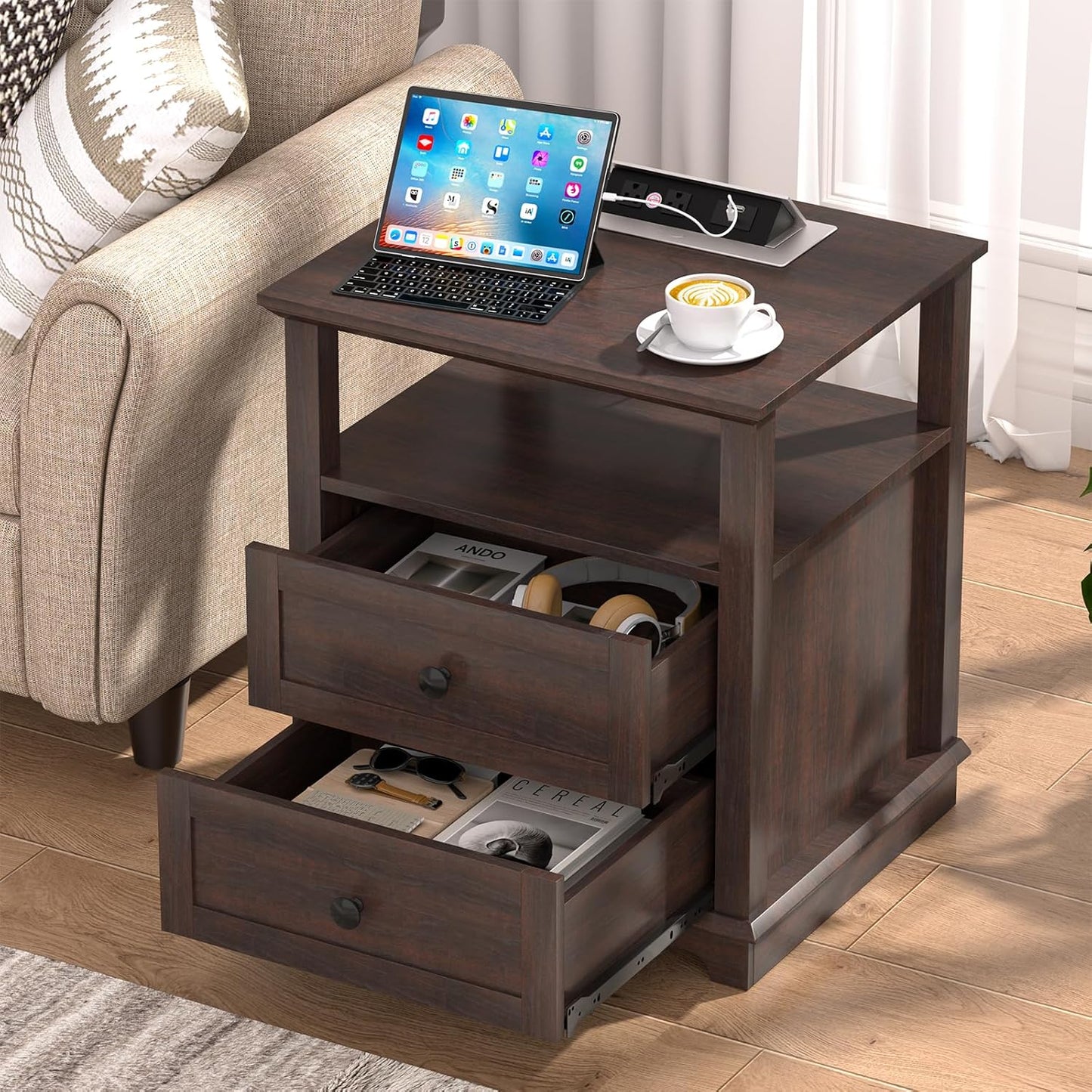 HIFYOBRO 24" Tall End Table with 2 Drawers and Charging Station, Type-C & USB Port & Power outlets, Wooden Storage Cabinet, 21" W Large Side Table with Storage for Living Room and Bedroom (Espresso)