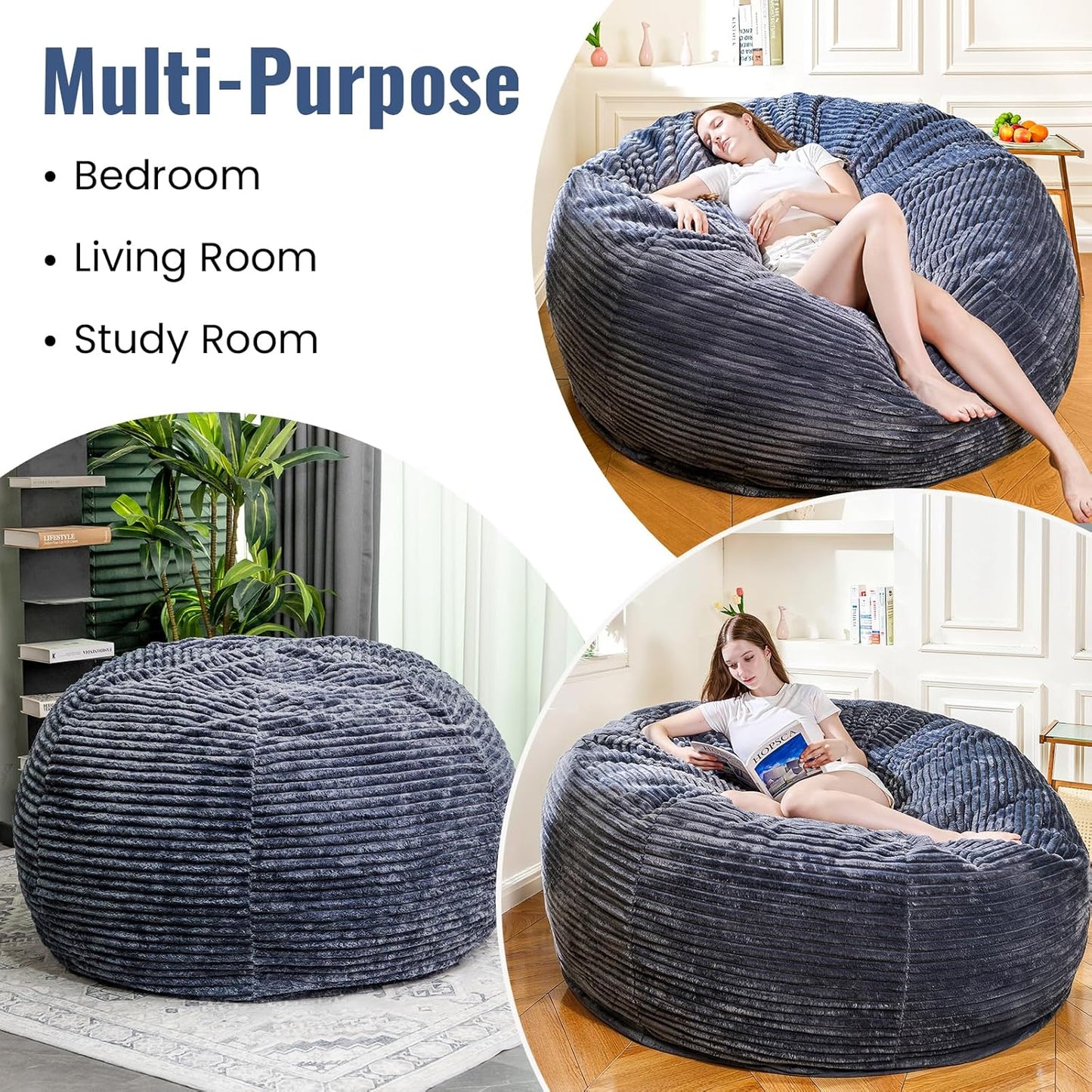 Large Bean Bag Chair, 5FT Giant Beanbag Chairs with Memory Foam Filled, Bean Bag Chairs for Adults, Ultra Soft Lazy Sofa for Living Room Bedroom (Gery)