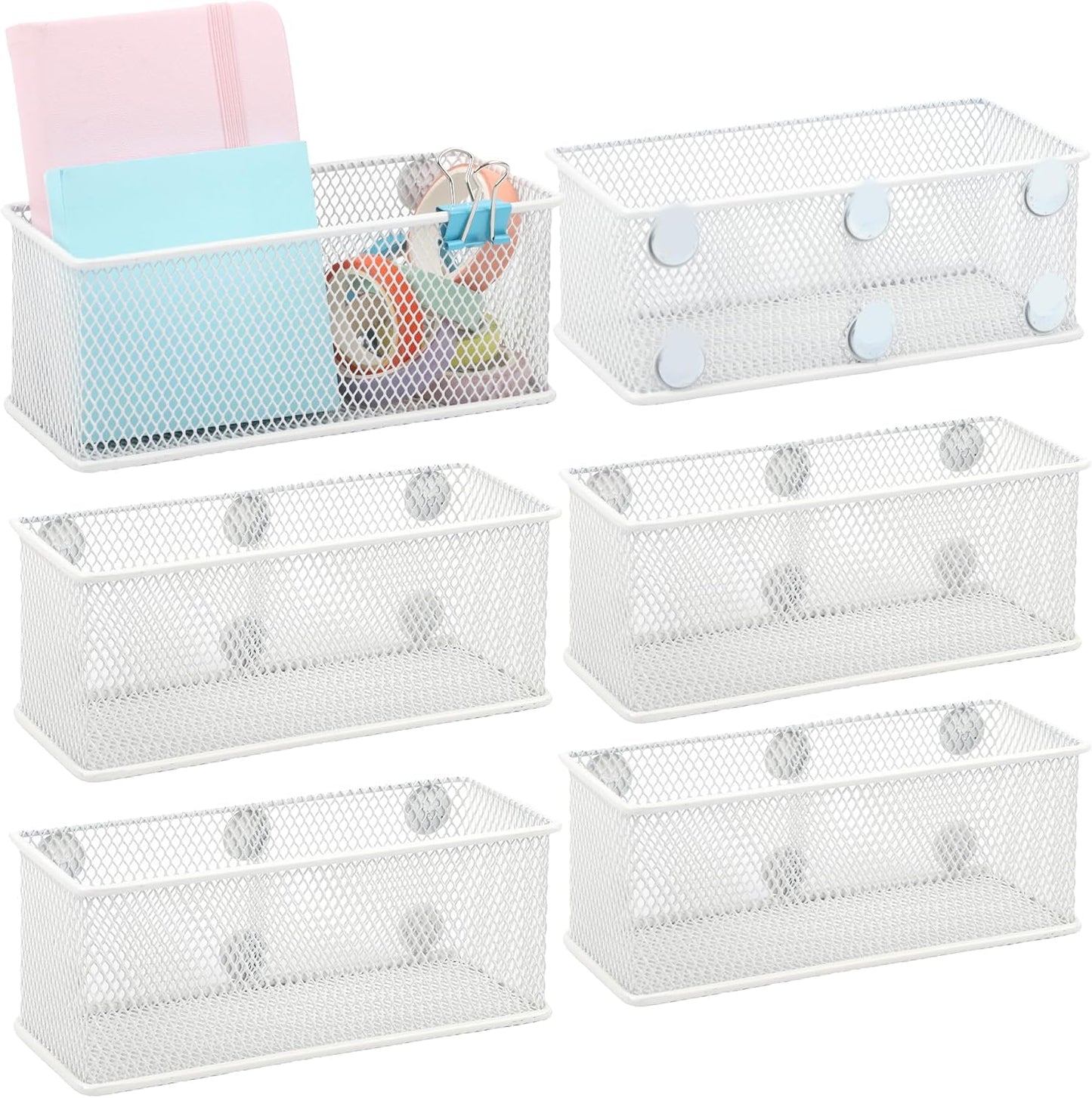 EASEPRES Magnetic Pencil Holder Set of 6 - Wire Mesh Storage Baskets Organizer with Strong Magnets - Perfect for Whiteboard, Refrigerator and Locker Accessories, White