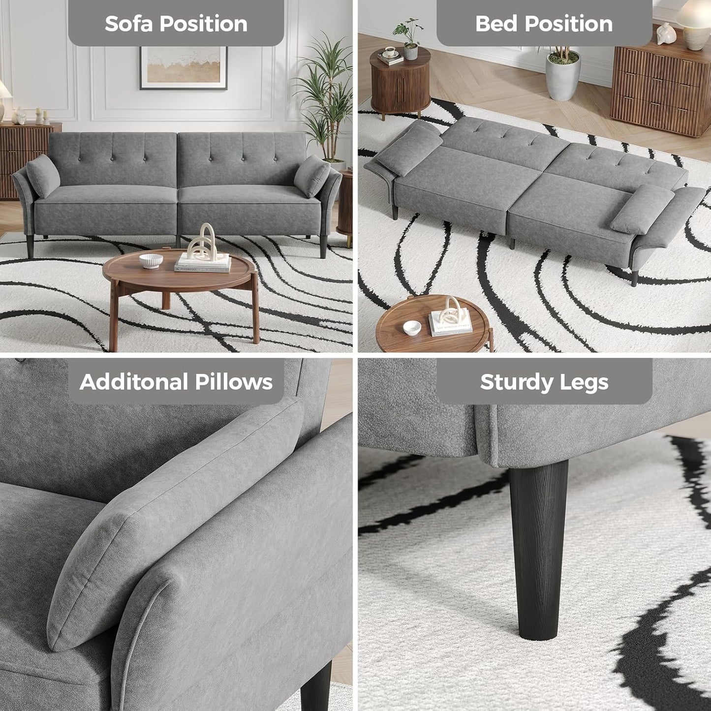 89” Futon Sofa Bed, Comfy Futon Couch Bed with 2 Square Pillows, Convertible Sleeper Sofa with Adjustable Backrest& Armrests, Modern Loveseat Sleeper for Living Room, Bedroom, Light Gray