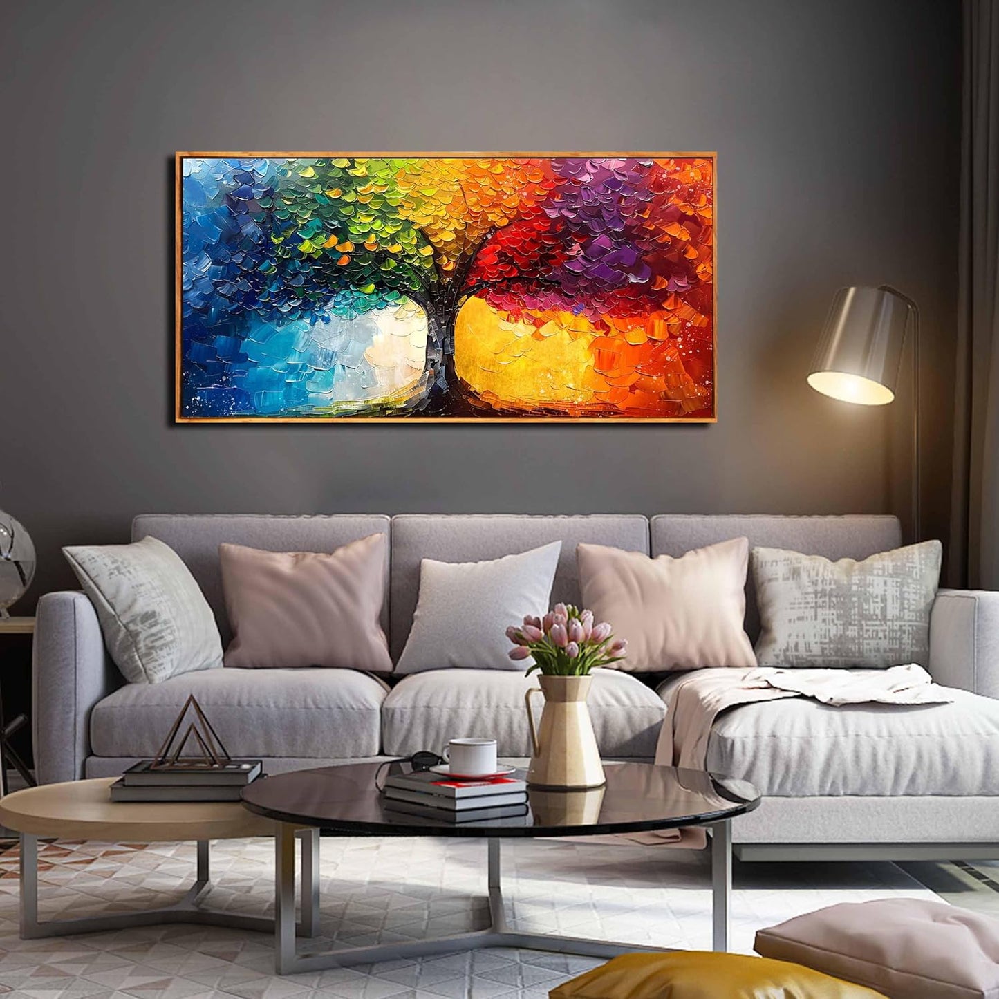 Colorful Tree Artwork for Living Room - Modern Prints Wall Art for Office - Framed Canvas Wall Art Size 24" x 48"