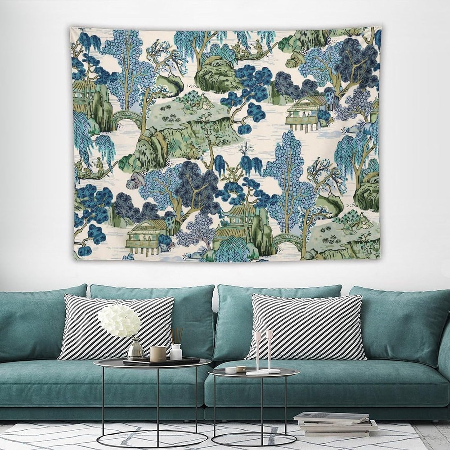 Chinoiserie Tapestry,Asian Watercolor Abstract Art Tapestry,Asian Japanese Wall Tapestry, Nature Landscape Tapestries for Bedroom Living Room Decor 80"x60"
