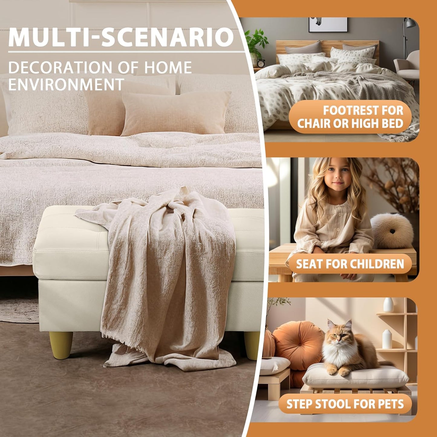 Ottoman Rectangular Storage Ottoman Bench, Faux Leather Footrest, Coffee Table, Stool Footstool with Hinged Lid for Living Room, Bedroom, Entryway, White, 35"x23.5"x17.5"