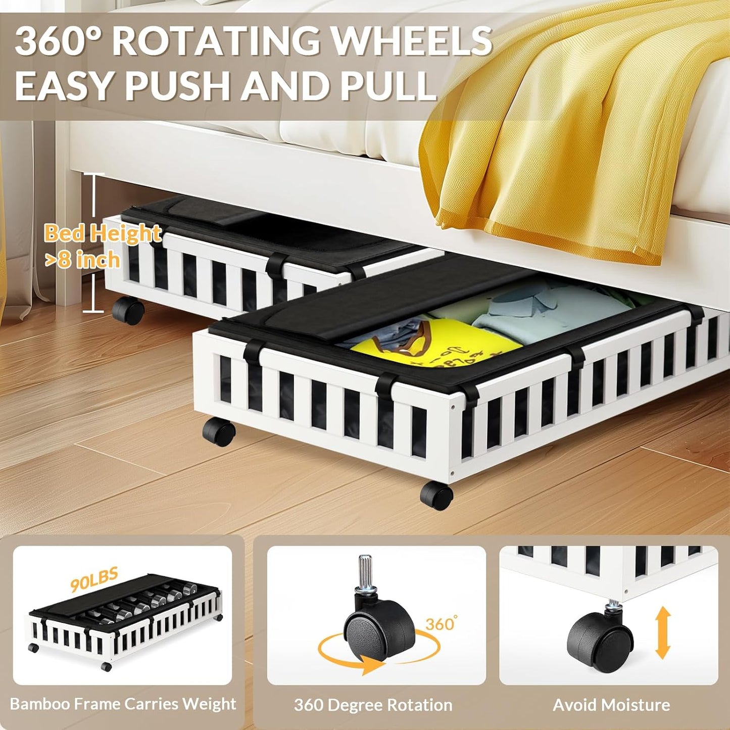 2 Pack Bamboo Under Bed Storage with Wheels, 39”x20”x7.8” Lager Under Bed Storage Containers (White)