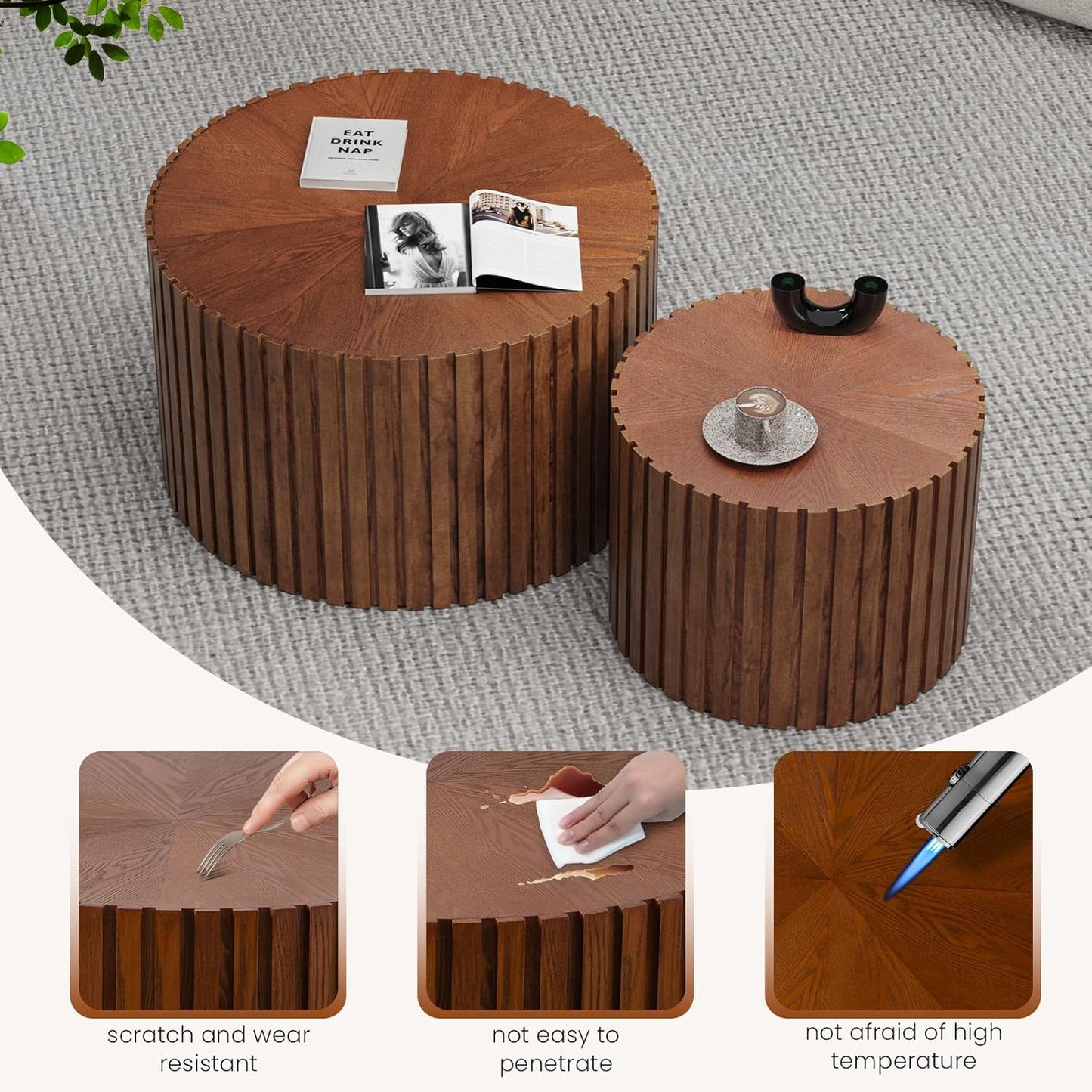 Round Nesting Coffee Table Set of 2 Handcraft Circle Fluted Nesting Coffee Tables Circular Side Table Drum Accent End Tables for Living Room Bedroom (Brown Large)