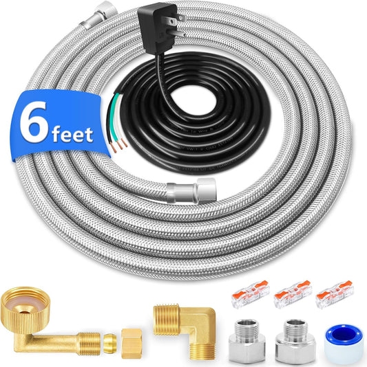 Dishwasher Installation Kit - 6 FT Stainless Steel Dishwasher Hose with 3/8" Compression Connections,Food Grade PEX Inner Tube Dishwasher Water Supply Line with Elbows,Adapters and 6 FT Power Cord