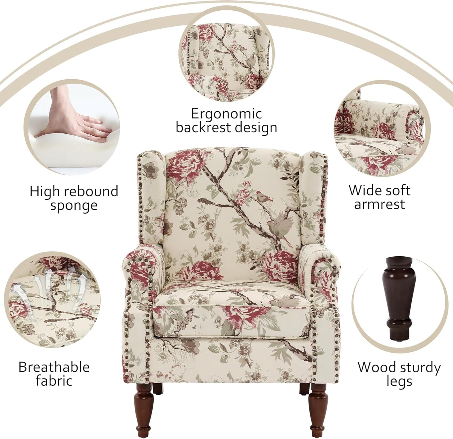 Lumibee Wingback Accent Chair, 2 Set High Back Floral Armchairs in Fabric,Comfy Upholstered Reading Single Sofa Chairs with Solid Wood Legs for Living Room,Bedroom,Office-Floral Beige