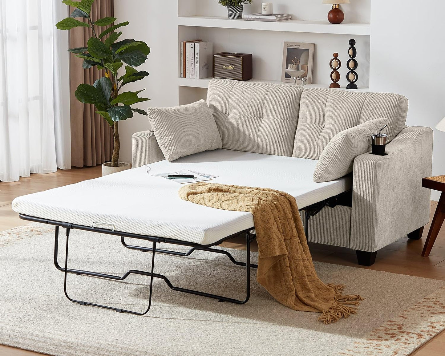 CHIC HOUSE Pull Out Sofa Bed, Full Size Sleeper Sofa, 2-in-1 Convertible Corduroy Couch with USB Charging, Memory Form Couch for Living Room, Apartment and Small Space (Beige, Corduroy - Full Size)