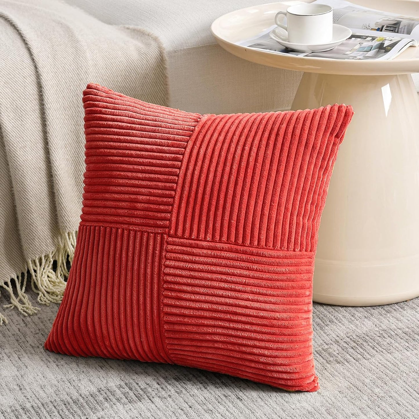 Fancy Homi 2 Packs Red Euro Decorative Throw Pillow Covers 26x26 Inch for Couch Bed Sofa, Holiday Christmas Home Decor Gift, Soft Corss Corduroy Patchwork Textured Square Cushion Case 66x66 cm