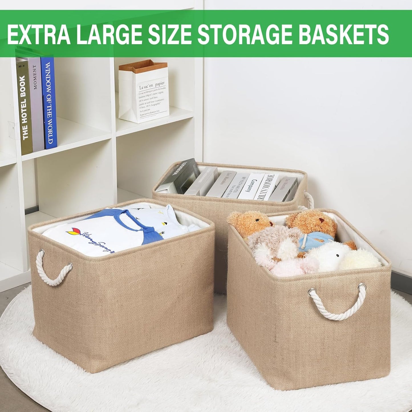 Bidtakay Fabric Storage Baskets for Shelves 3 Pack Large Storage Bins for Organizing Linen Collapsible Organizer for Closet-Flaxen