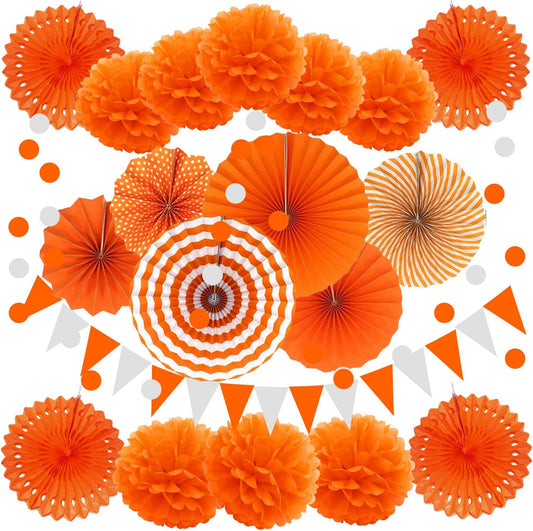 ZERODECO Party Decoration, 21 Pcs Orange Hanging Paper Fans Pom Poms Flowers, Garlands String Polka Dot and Triangle Bunting Flags for Minnie Mouse Birthday Parties Baby Showers Wedding