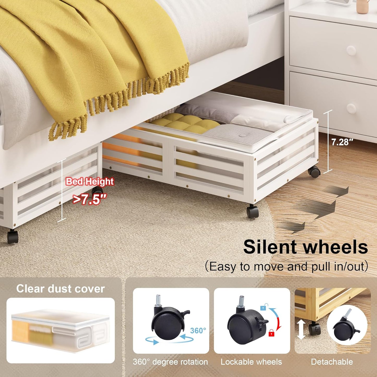 Under Bed Storage Containers With Wheels - 2 Pcs Bamboo Wood Rolling Underbed Shoe Storage Bins With Dust Bags for Clothes Blankets, Duvet Covers Snacks Toys (White)