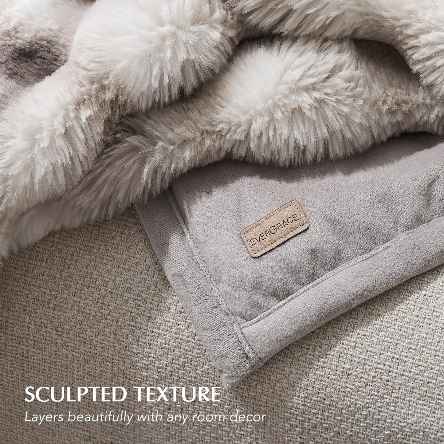 EVERGRACE Ultra Soft Luxury Fluffy Ridgeline Faux Rabbit Fur Throw Blanket, Thick Warm Bubble Throw for Bed, Cozy Plush Reversible Blankets for Couch, Chair, Sofa, Light Grey, 80x90 Inches, 870 GSM