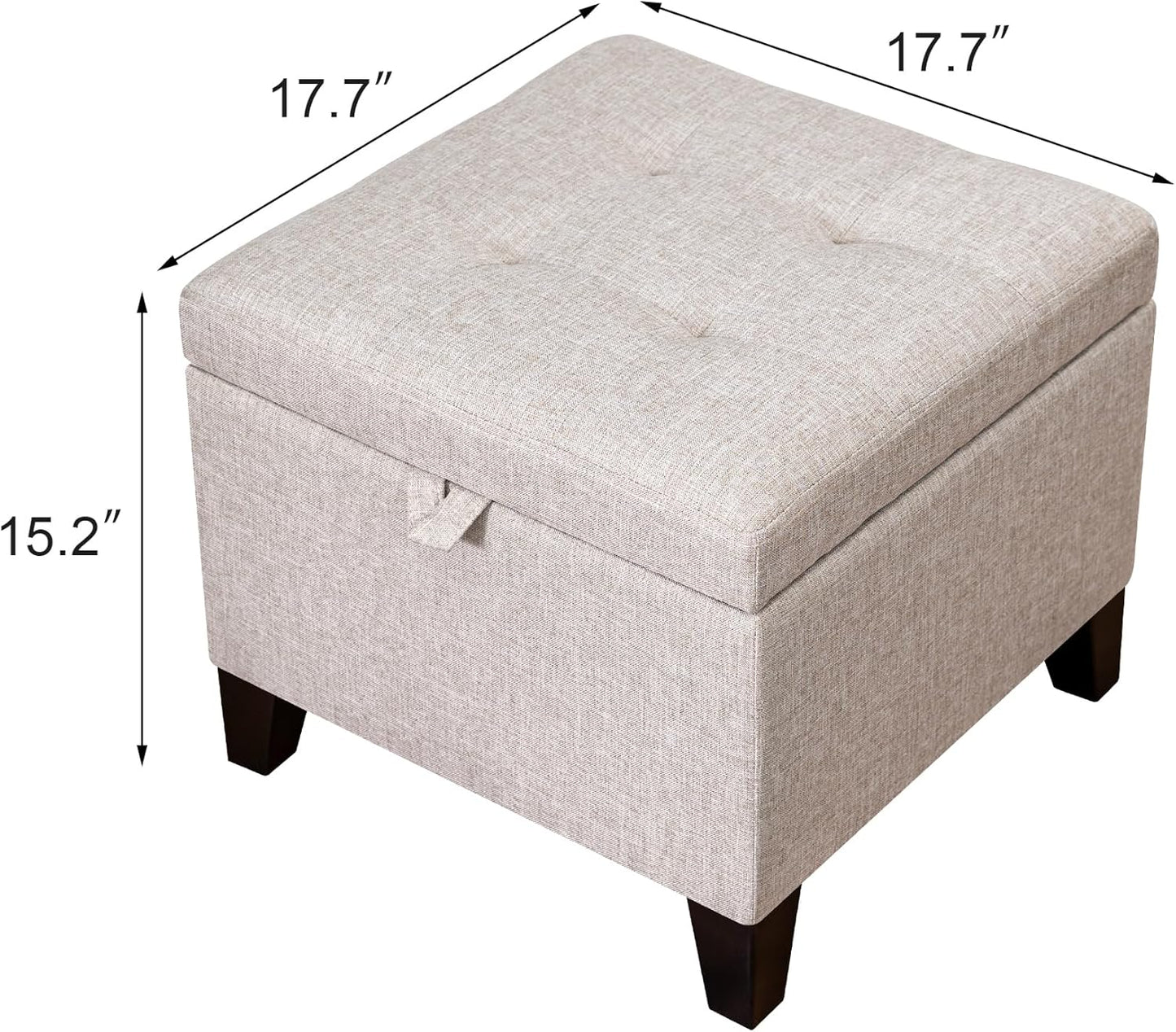Adeco 18 Inch High Cube Ottoman Storage, Linen Chair Foot Stools, Upholstered Vanity Stool with Hinged Lid, Solid Wood Legs (Beige Grey)