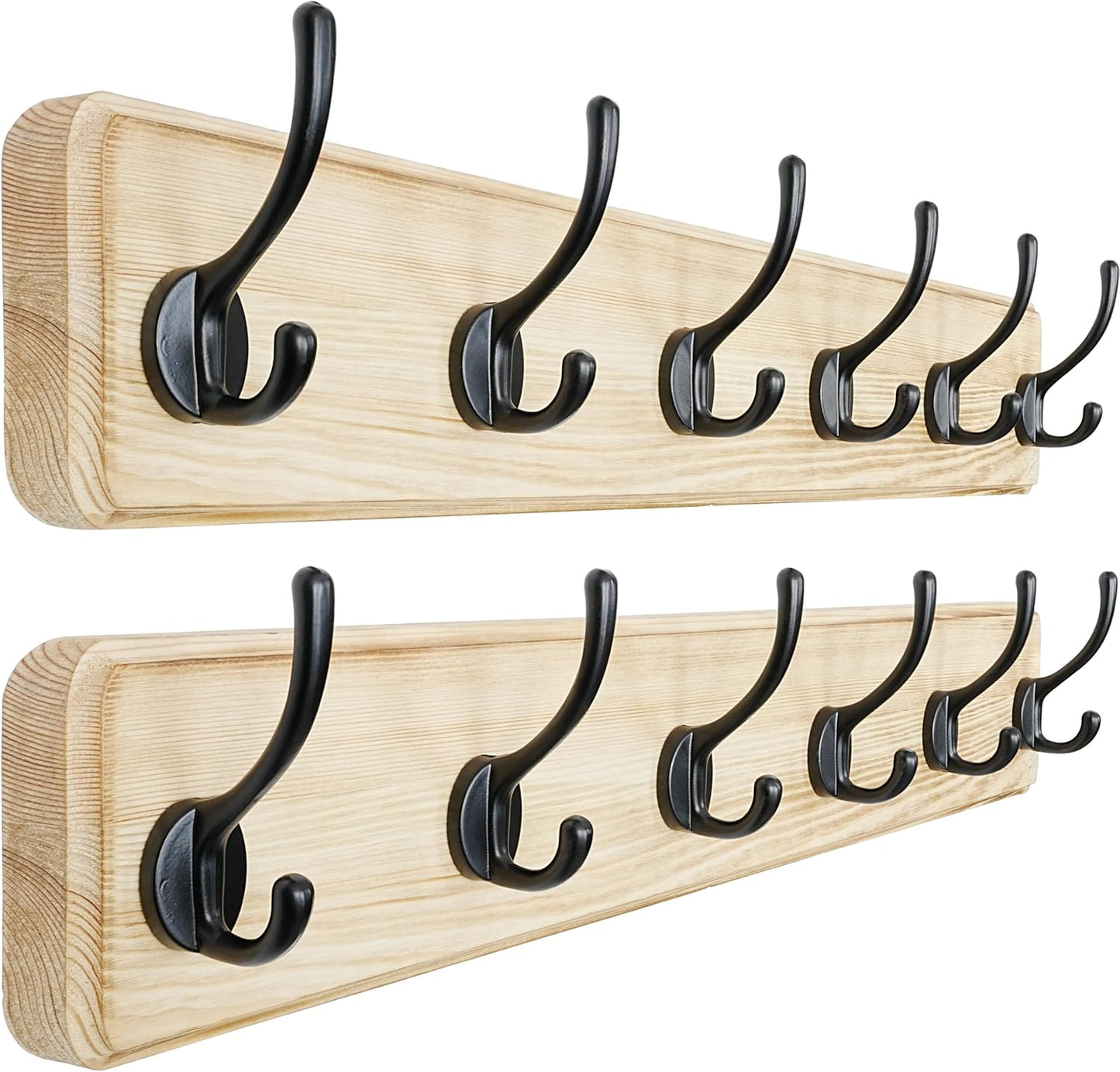 Dseap Coat Rack Wall: 24" Long, Patented, Heavy-Duty, 6-Double-Hooks Wooden Wall Mounted Coat Rack Coat Hanger Hook Rail for Winter Coats Hat Jacket Clothing, Light Brown, Pack of 2