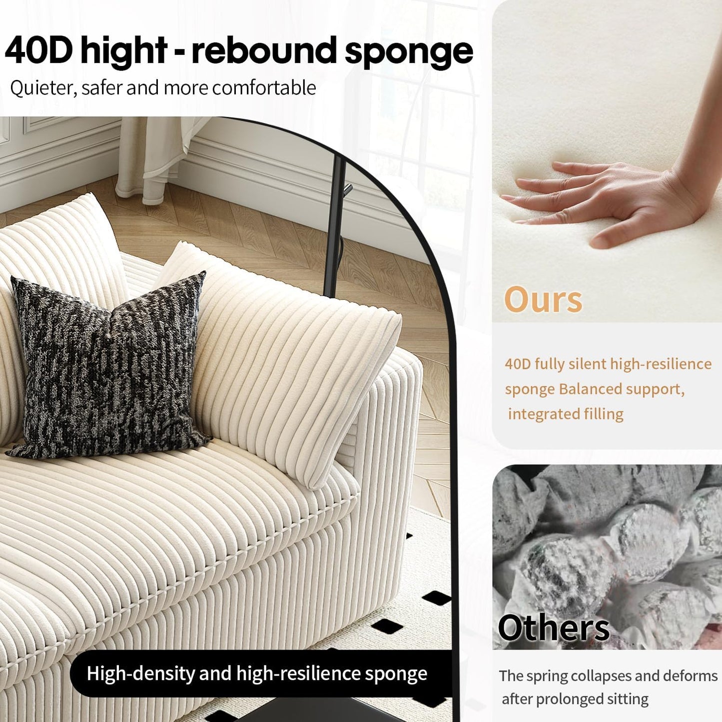 LoveSeat Cloud Couch Modular Sectional Sofa for Living Room,Modern Sofa with Deep Seat，2 Seater Boneless Couch,Comfy Upholstered Corduroy Couches for Apartment, Studio, Office,Bedroom，White