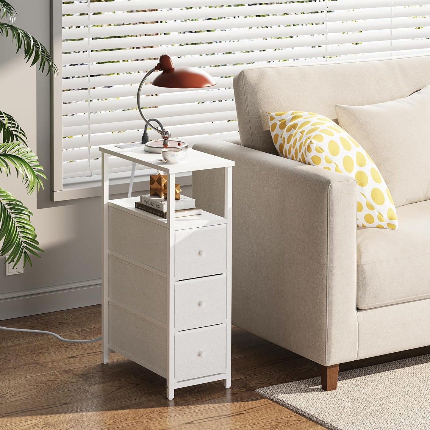 TUTOTAK Narrow Night Stand with Charging Station, Slim End Table with Plugins, Tall Side Table with 3 Fabric Drawer, Small Bedside Table with Storage, Living Room, Bedroom, White TB01BW086
