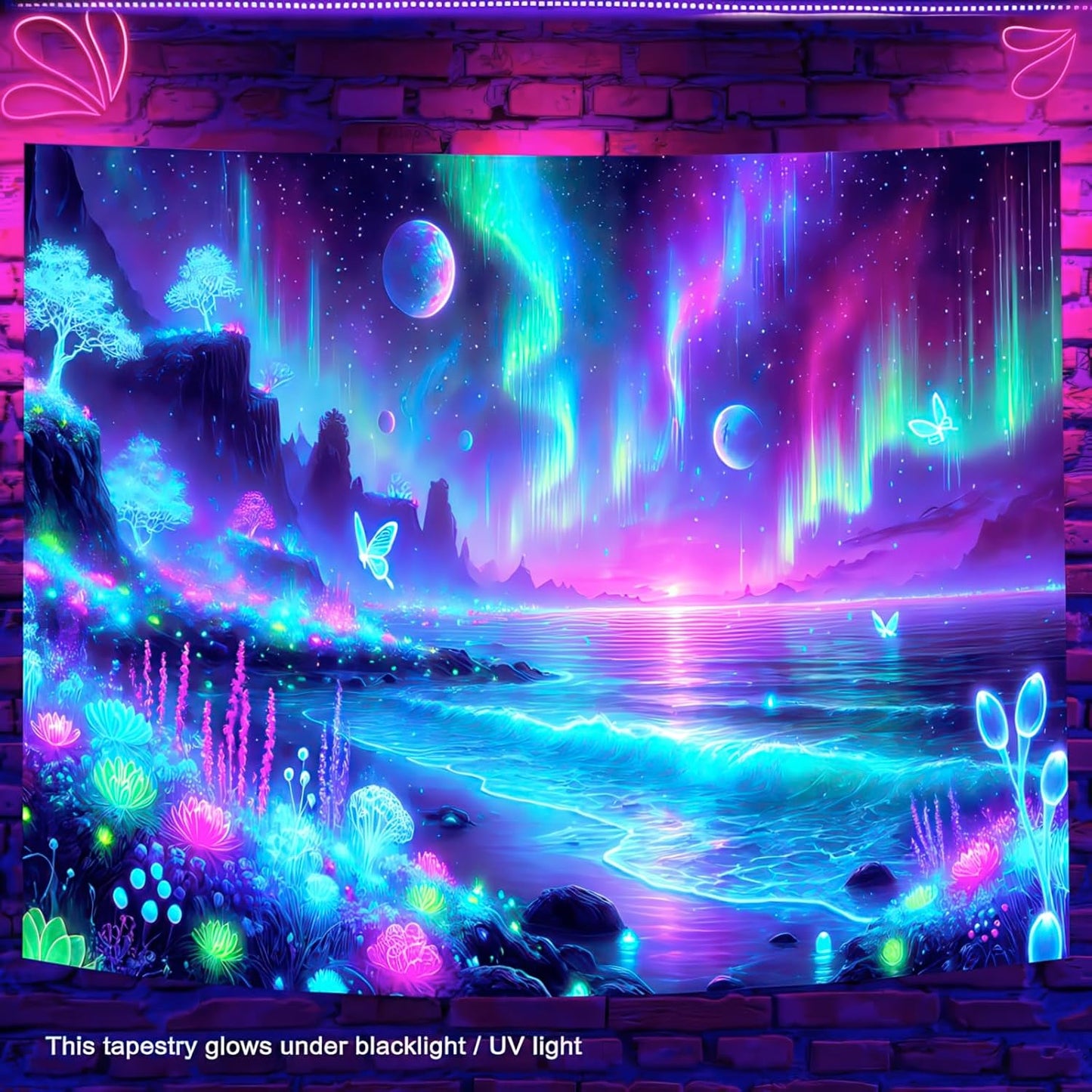 BlissYard Blacklight Fantasy Forest Tapestry UV Reactive Moon Tapestry Floral Plant Jungle TapestryButterfly Galaxy Space Tapestry Nature Landscape Wall Hanging for Bedroom Living Room 51" X 78"