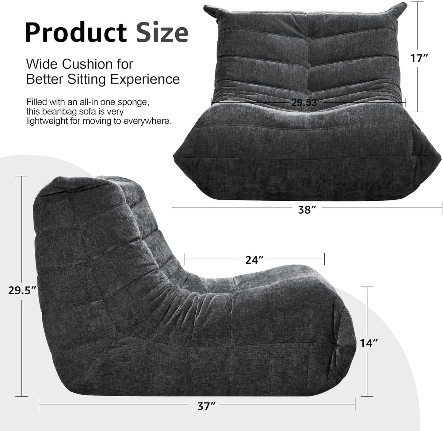 Bean Bag Chairs for Adults Giant Bean Bag Chair Memory Foam BeanBag Chair Big Bean Bag Sofa with Filler Faux Fur Fireside Beanbags Lazy Sofa for Living Room Bedroom Dorm Office (Darkgrey Chenille)