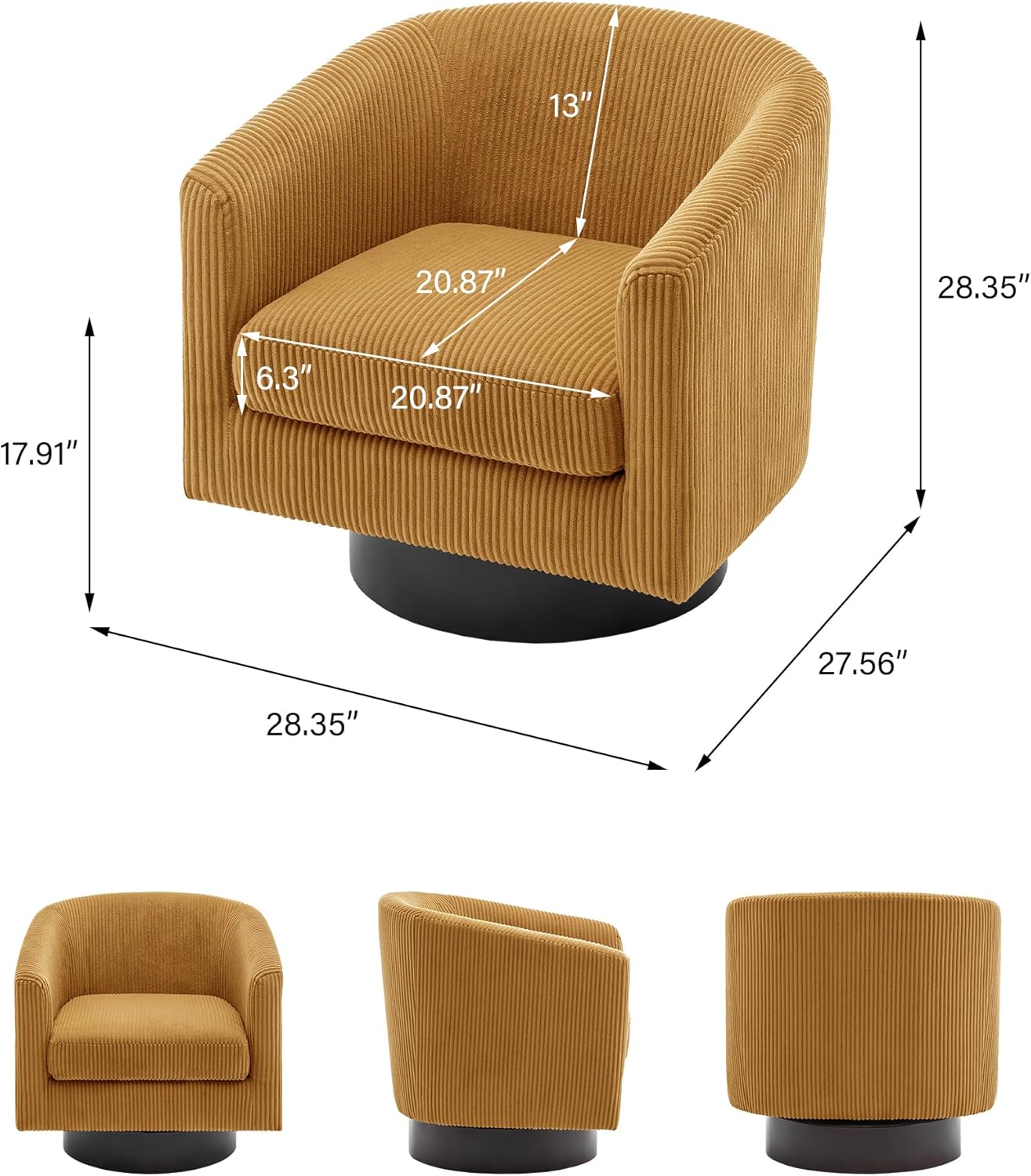 Swivel Barrel Accent Chair, Modern Round Corduroy Fabric Arm Chair for Living Room, Bedroom, Comfy Club Reading Chairs for Adults (Corduroy Orange, Set of 1)