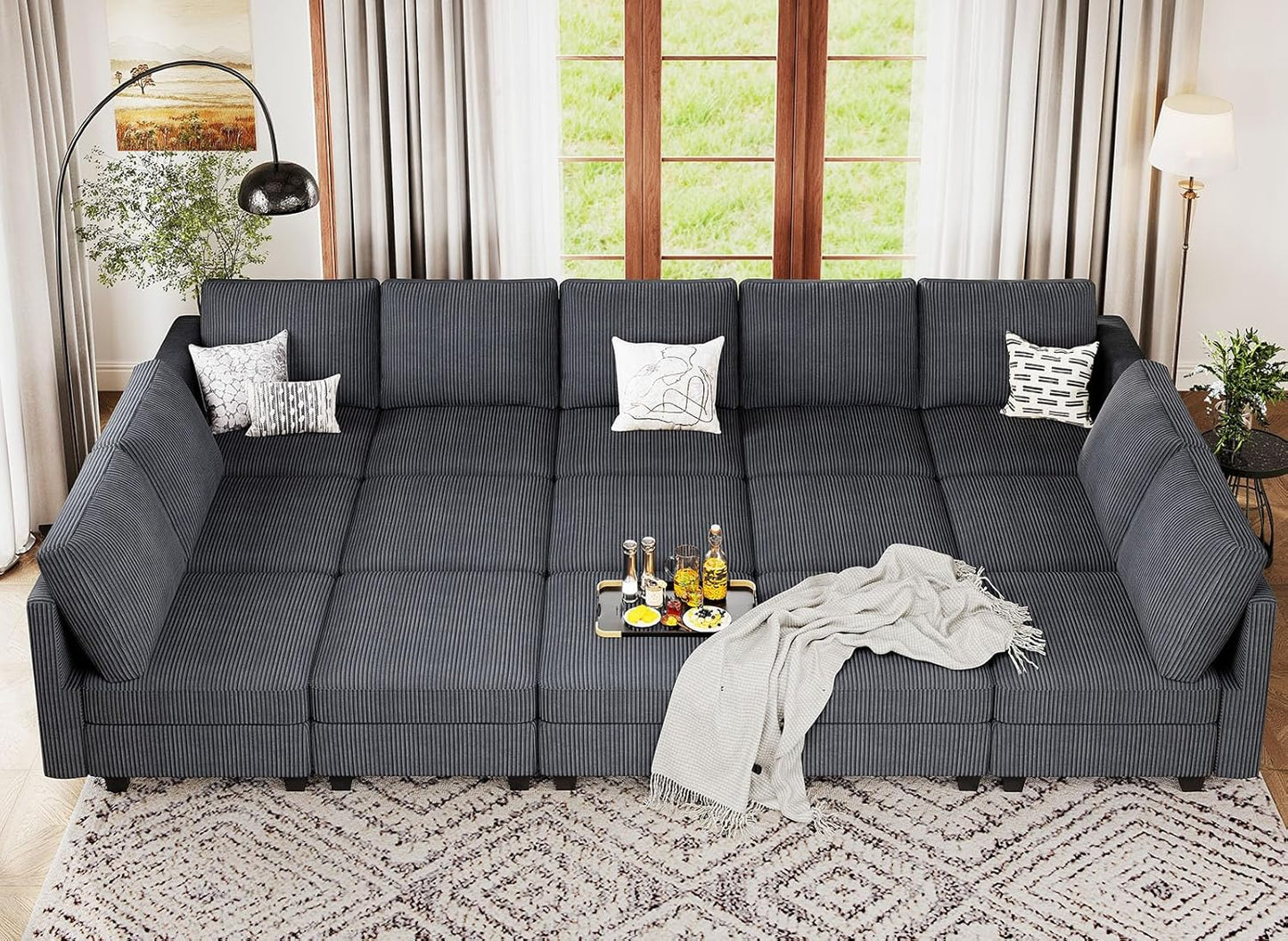 Belffin Large 15 Seat Modular Sectional Sofa with Storage Seat Corduroy Sleeper Sectional Sofa Bed Oversized Convertible Modular Couch for Living Room Dark Grey