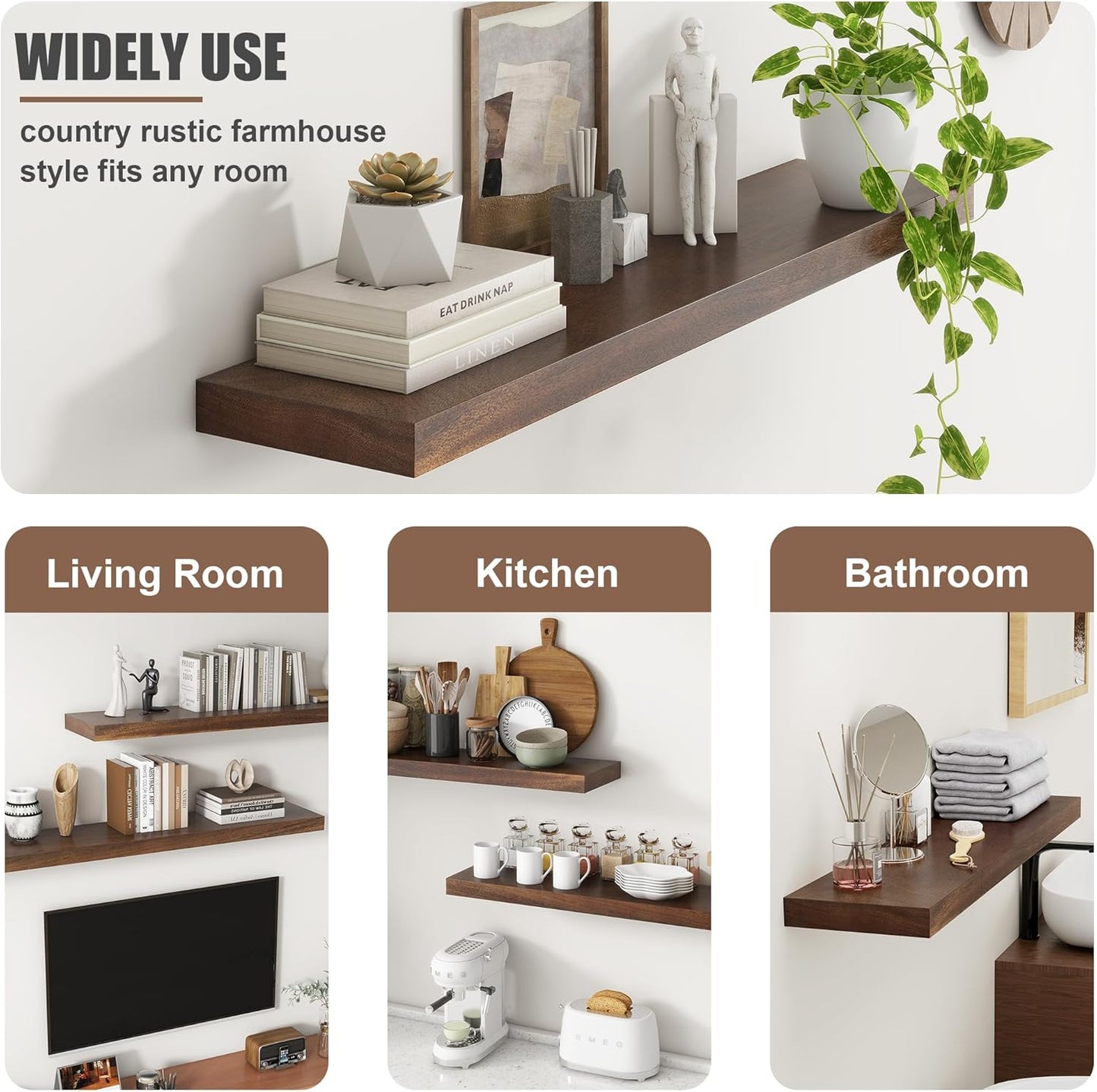 Floating Shelves for Wall, USA-Sourced Walnut Wood 24 Inch Wall Shelves Set of 2, Natural Wooden Wall Mounted Picture Ledge Shelf, Nursery Book Storage Shelf Kids Bookshelf, Display Shelf for Bathroom