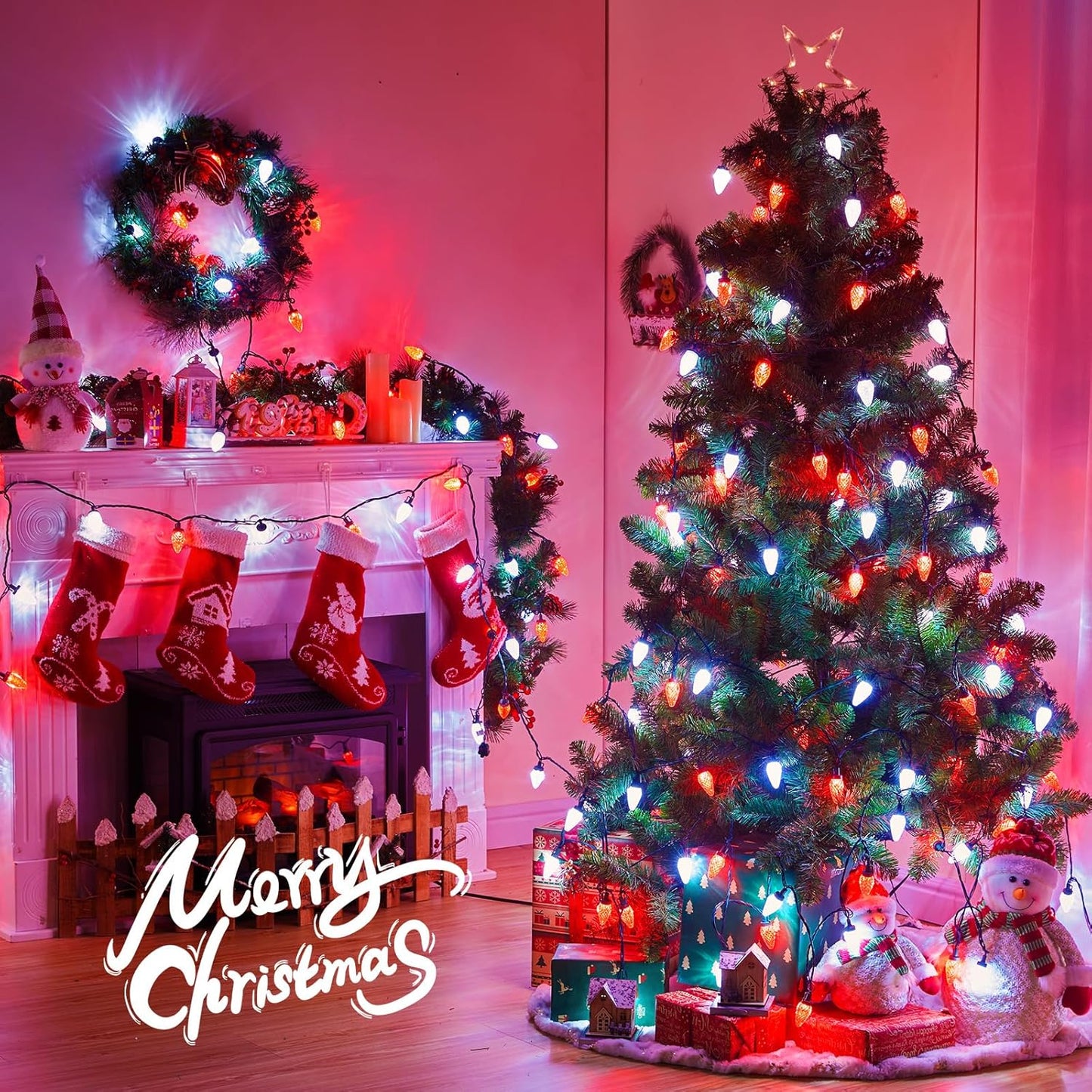 Brightown Red and White C9 LED Christmas String Lights, 33ft 50 LED Waterproof Strawberry String Lights, Plug-in Extendable Green Wire Lights String for Outdoor Indoor Patio Party Decoration