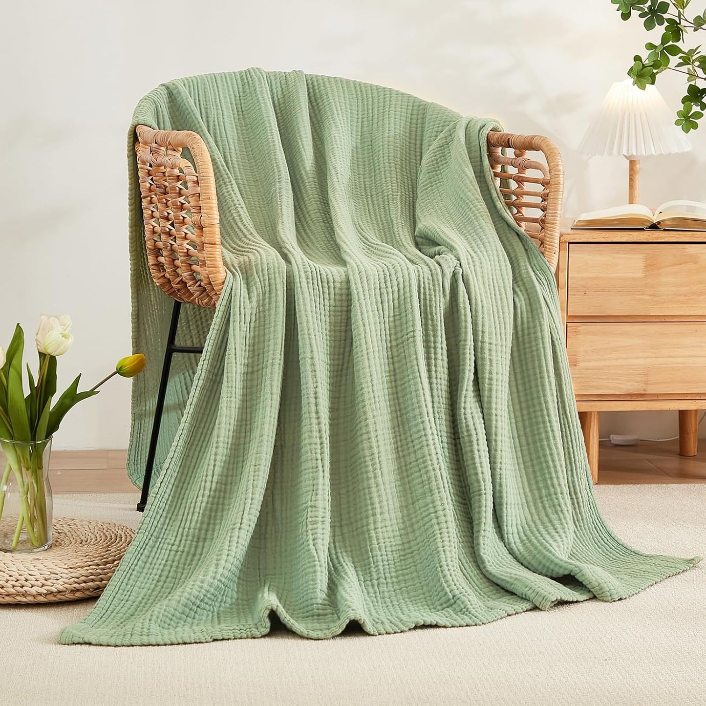 EMME Cotton Throw Blanket for Couch Soft Airy Muslin Bed Blankets Lightweight Breathable Blanket All Season Gauze Blanket, Sage Green