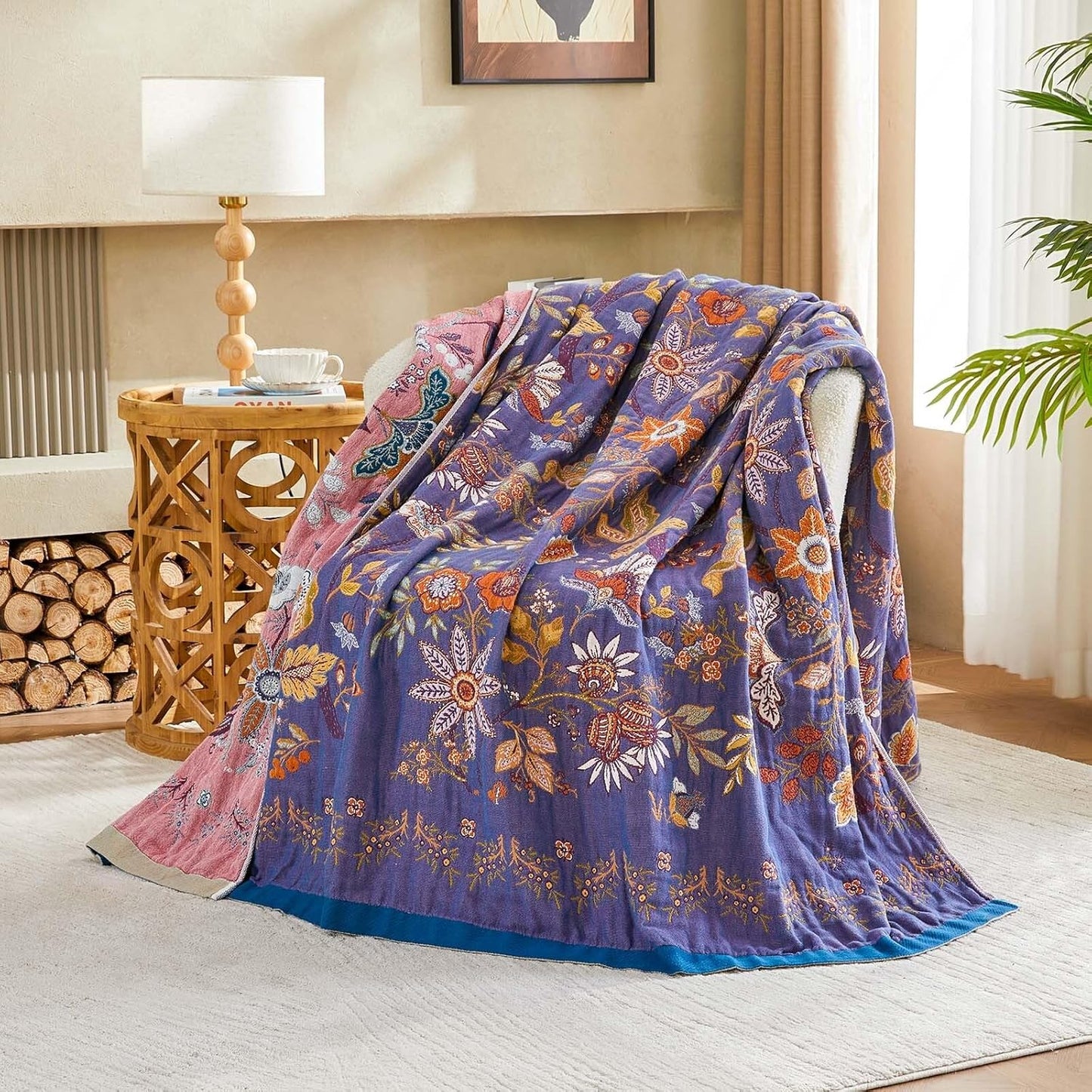 Boho Blanket, 100% Cotton Farmhouse Decorative Throw Blanket, 60"x80" Reversible Bohemian Throw Blanket, Purple All Season Muslin Breathable Woven Blankets Quilt