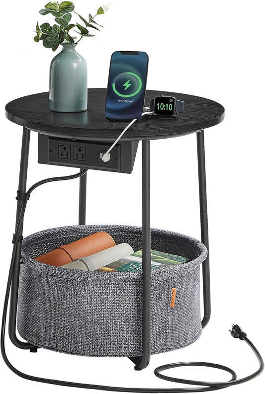 VASAGLE Side Table with Charging Station, Round End Table with Fabric Basket, Nightstand with Power Outlets, USB Ports, for Living Room, Bedroom, Modern, Ebony Black and Slate Gray ULET228B01