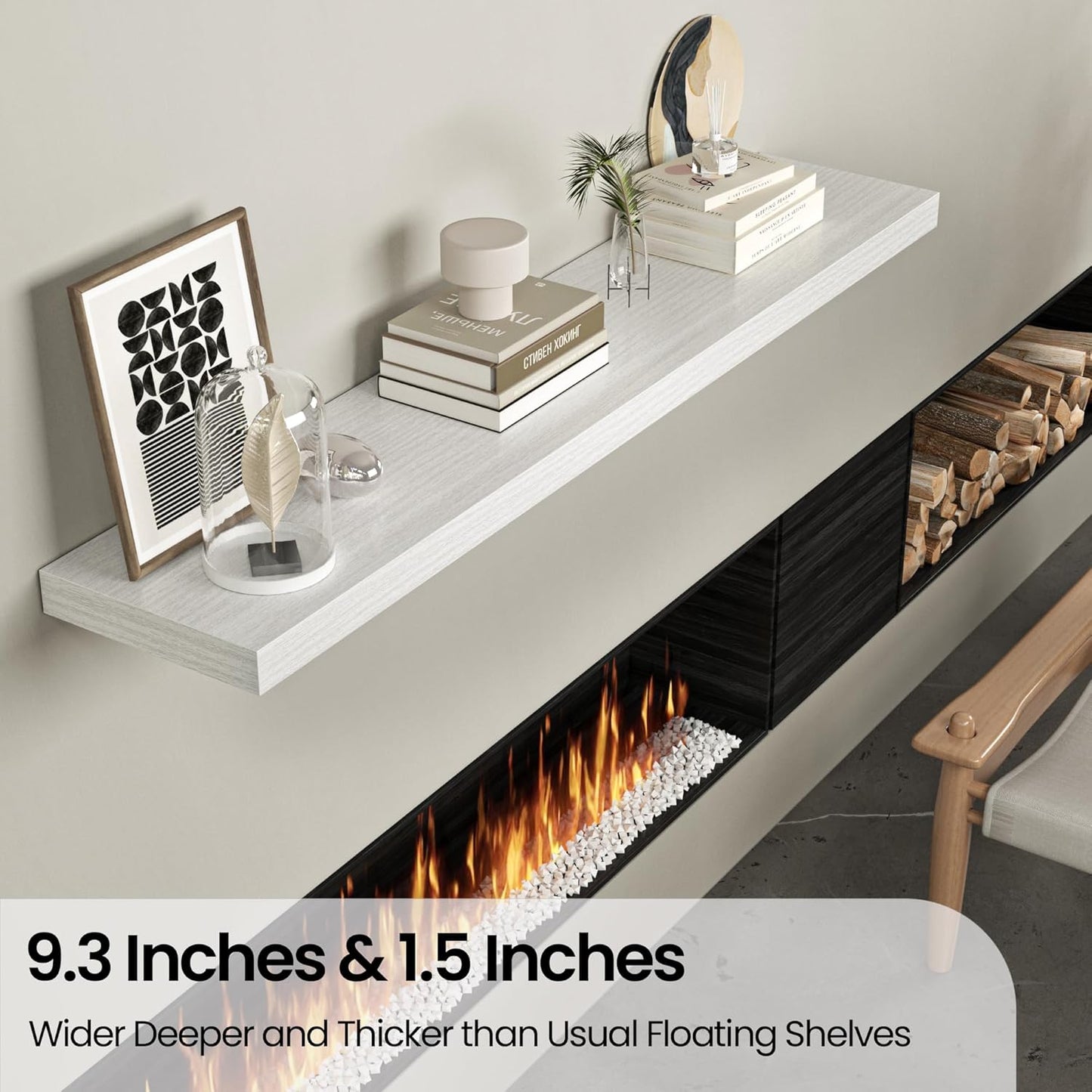 Floating Shelves for Wall,48" W x 9.3" D x 1.5" H, Wooden Wall Mounted Display Shelves with Invisible Brackets for Living Room, Bedroom, Bathroom, Kitchen Decor and Storage, Set of 1, White