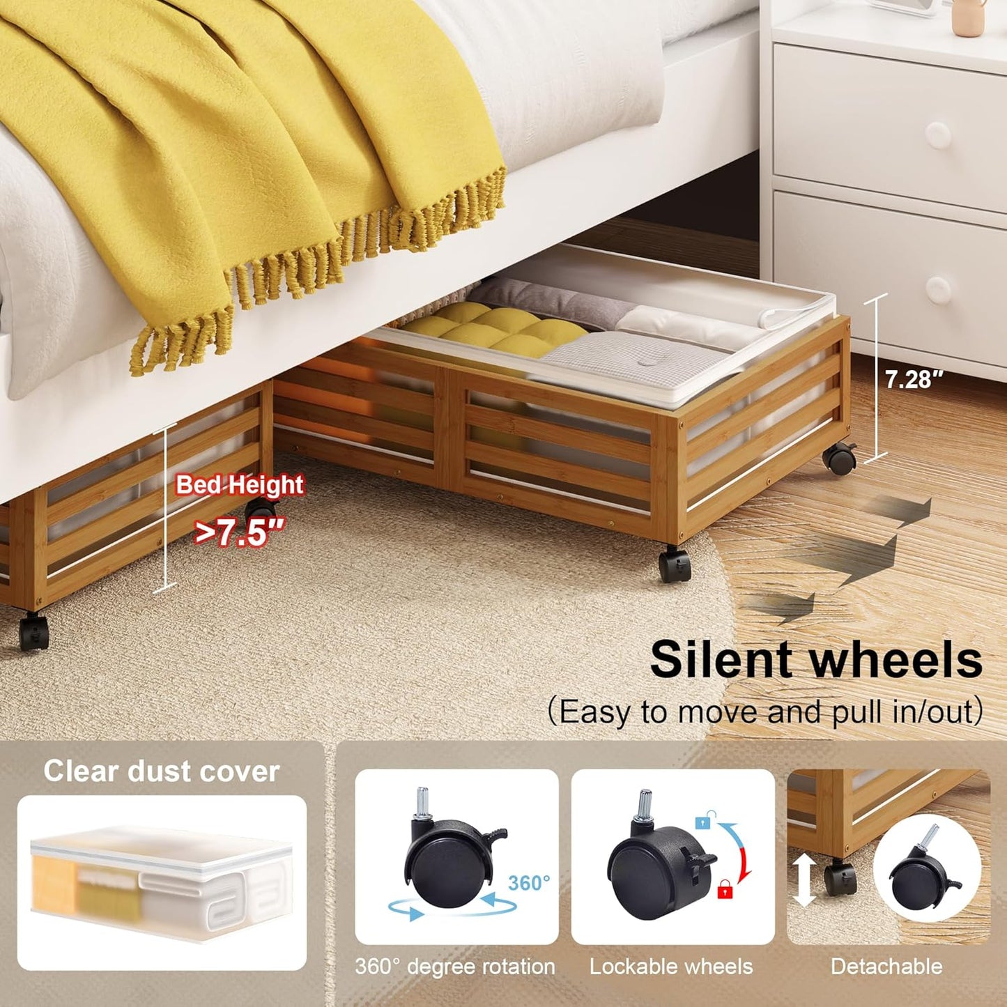 Under Bed Storage Containers With Wheels - 2 Pcs Bamboo Wood Rolling Underbed Shoe Storage Bins With Dust Bags for Clothes Blankets, Duvet Covers Snacks Toys (Walnut)