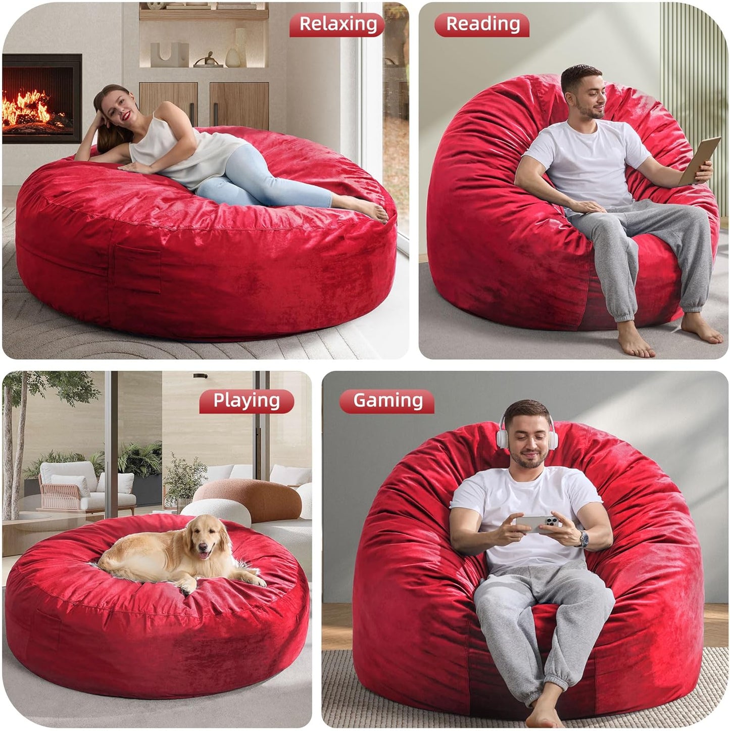 Hobestluk 6FT Bean Bag Chair Bean Bag Chairs for Adults Giant Bean Chairs with Velvet Cover, Memory Foam BeanBag Chair Fluffy BeanBag Chairs for Living Room, Bedroom- Red (70" x 70" x 15")