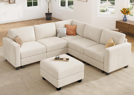 HONBAY Corduroy Modular Sectional Couch with Storage L-Shaped Sectional Couches for Living Room 6 Seater Modular Sectional Sofa, Beige
