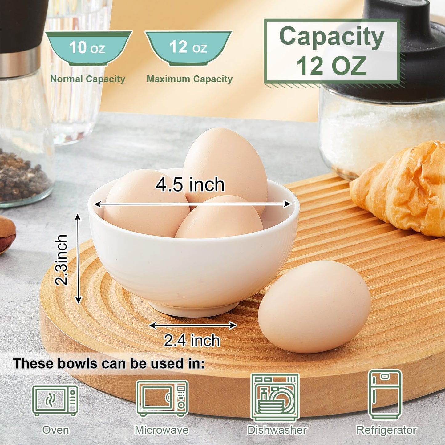 White 4.5in Small Ceramic Bowls, 12 OZ Cereal Bowls Set of 6 for Dessert, Rice, Jello, Pudding, Yogurt, Dishwasher/Microwave safe, Bone China