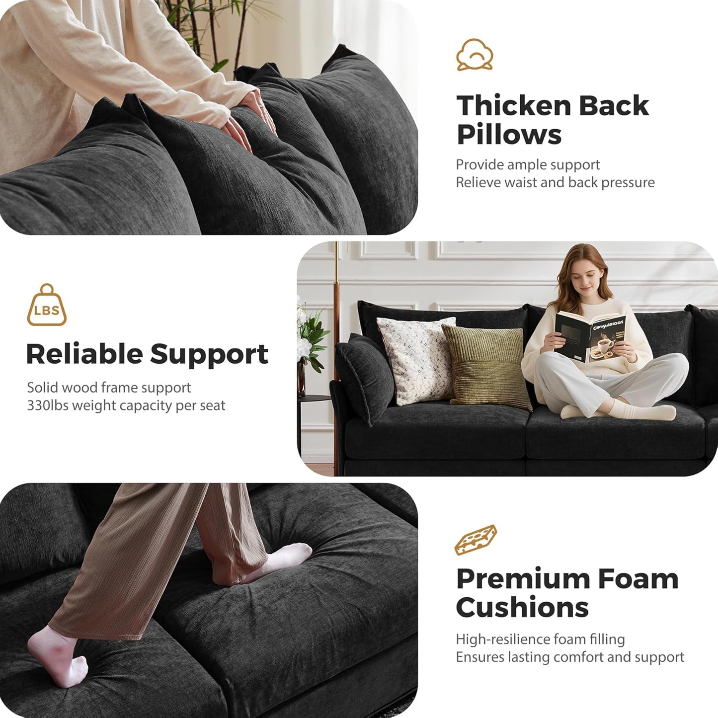 136.4" Oversized Modular Sectional Sofa, L Shaped Convertible Couch with Movable Ottoman, Large 7 Seat Corner Couches for Living Room Deep Seat Black Chenille