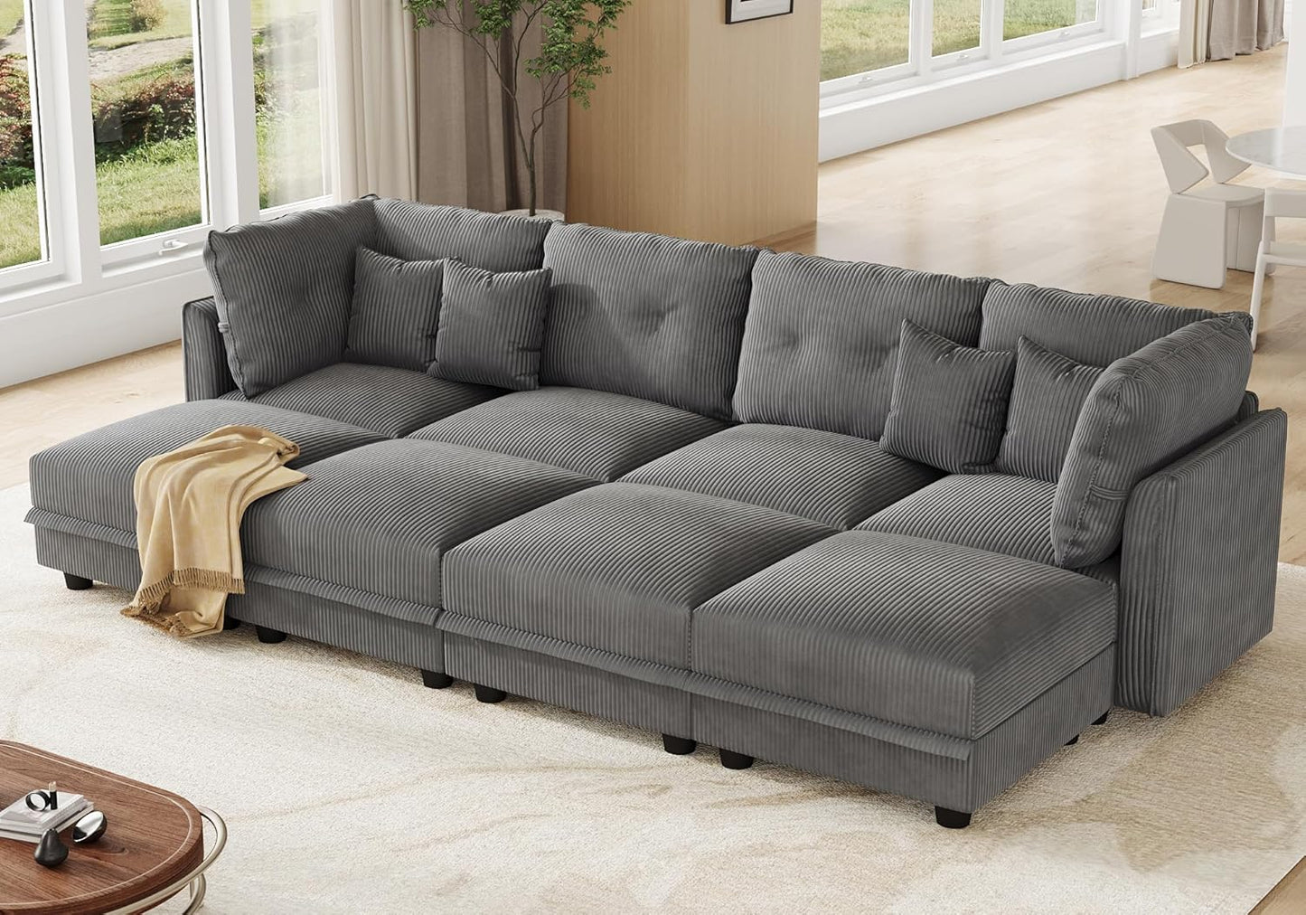 LLappuil Modular Sectional Sofa with Storage Seats, Corduroy Convertible Modular U Shaped Sectional Couch for Living Room, 8 Seat Oversized Sofa with 6 Back Cushion 6 Throw Pillow, Grey