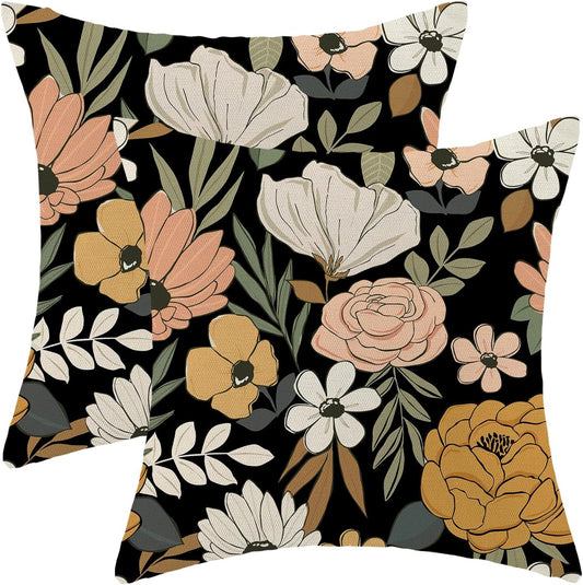 CXMEIFLY Spring Floral Pillow Covers 20 x 20 Inch Set of 2 for Vintage Pink Mustard Yellow Cream Flowers Decor Throw Pillows Plant Black Outdoor Decorative Cushion Cases for Couch Bed Decorations