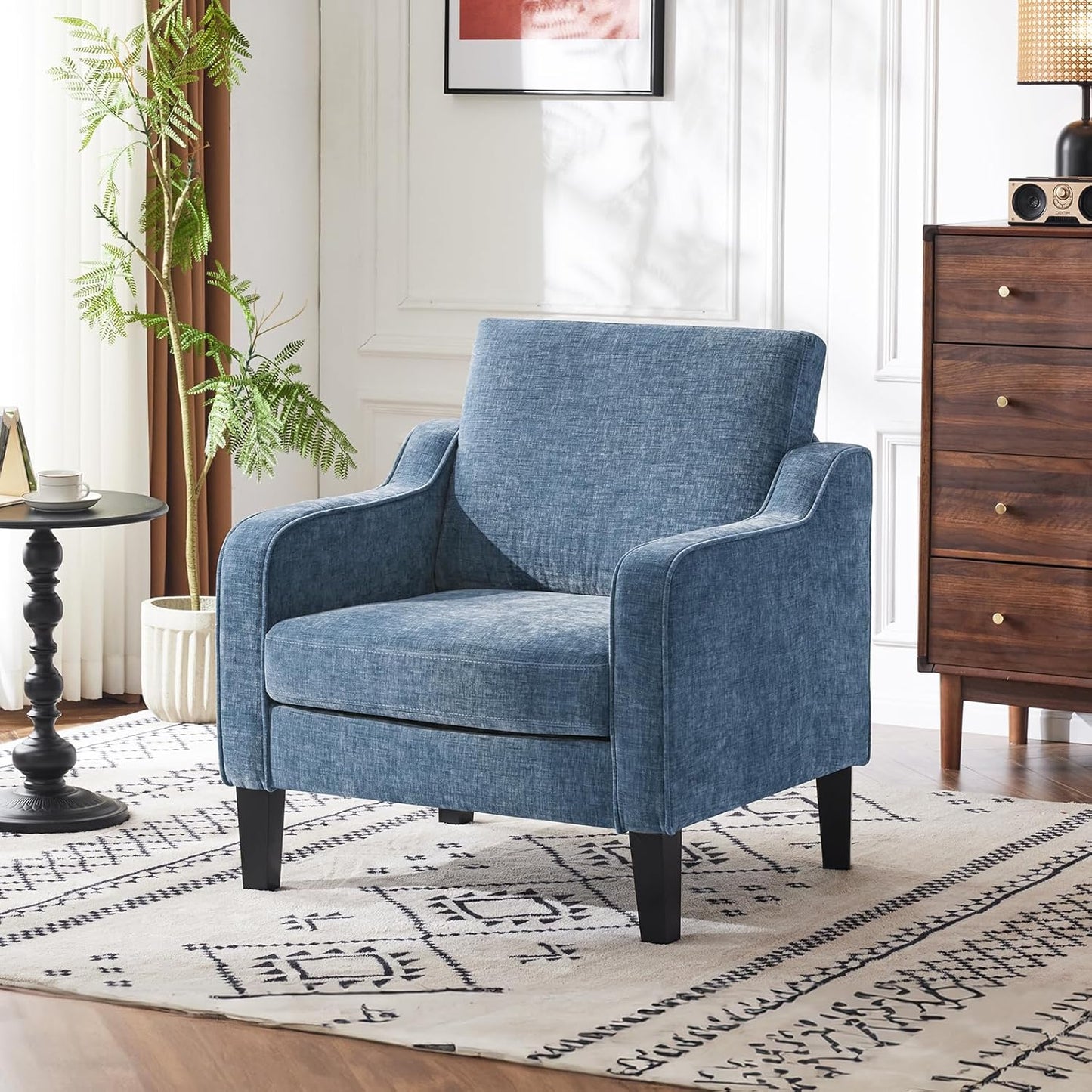 VINGLI Mid Century Modern Accent Chair,Navy Blue Chenille Chairs for Living Room Upholstered Armchair with Scooped Arms for Bedroom,Apartment,Studio,Office,Waiting Room