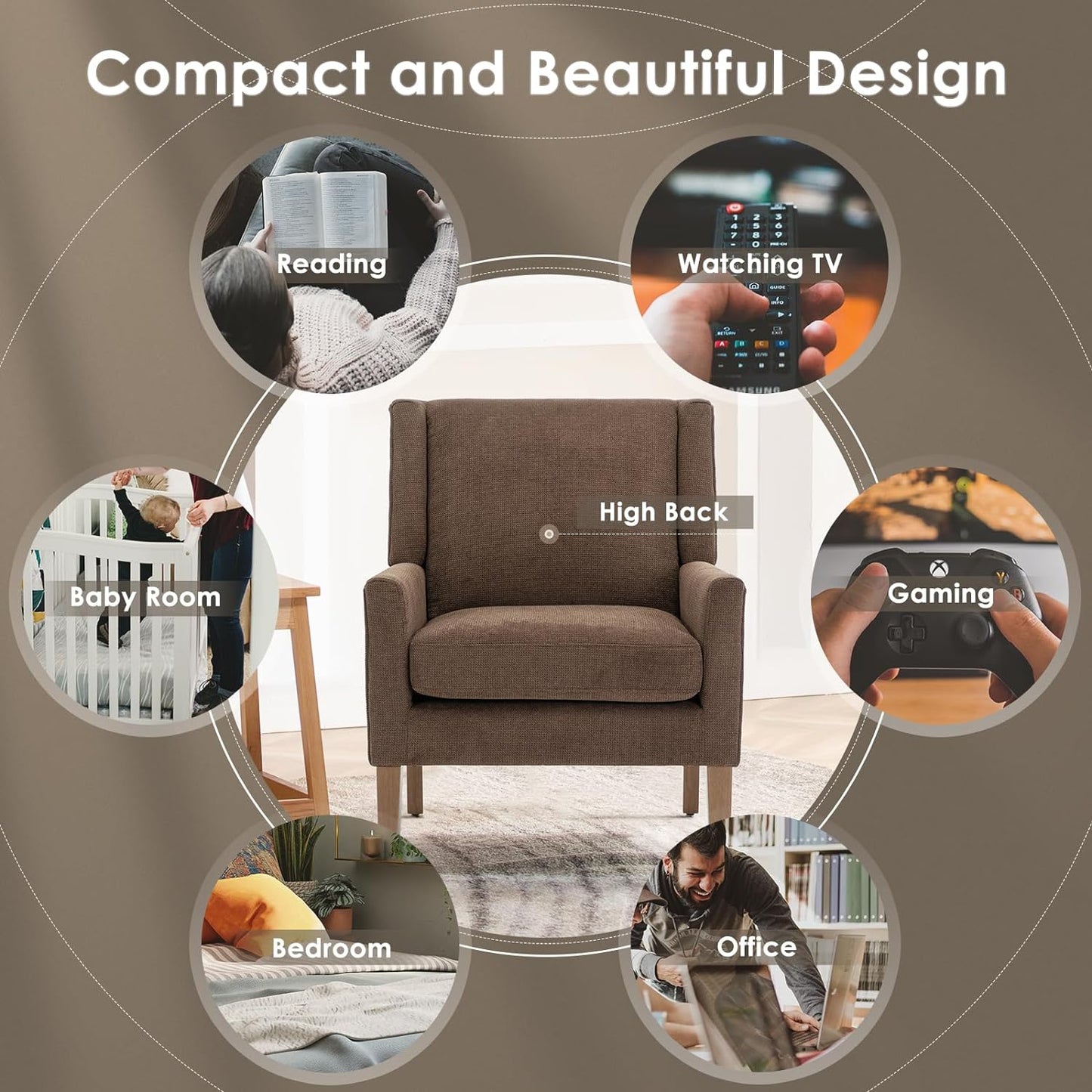 COLAMY Modern Wingback Living Room Chair, Upholstered Fabric Accent Armchair, Single Sofa Chair with Lounge Seat and Wood Legs for Bedroom/Office/Reading Spaces, Brown