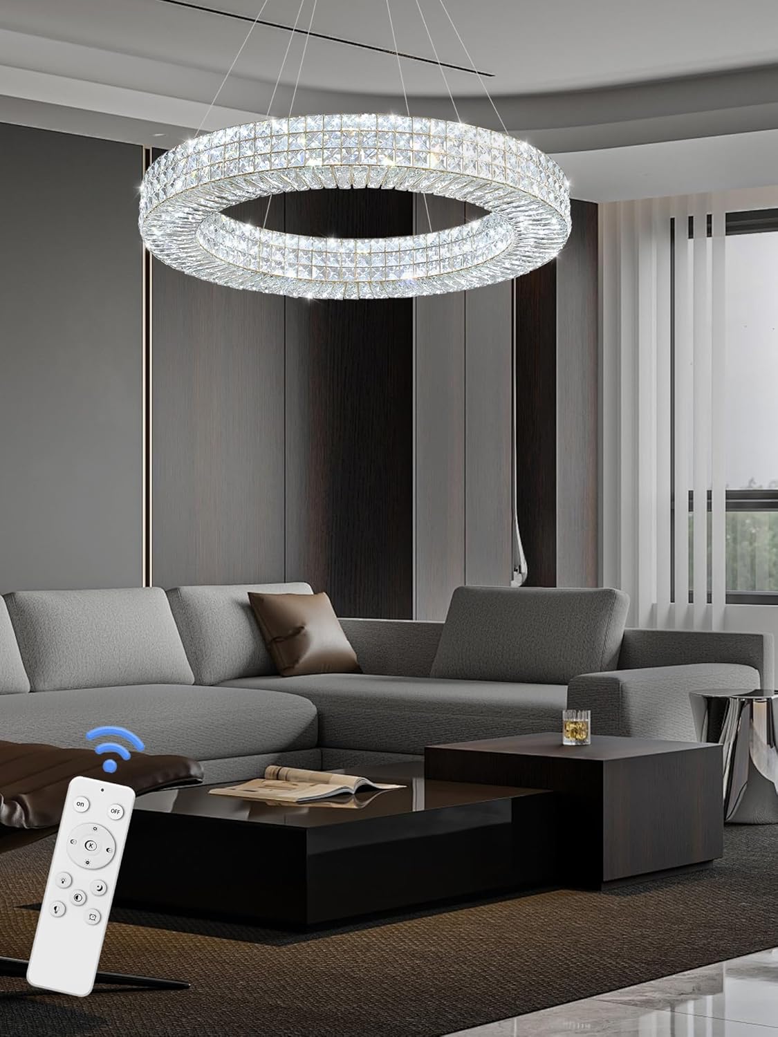 Dia 32" Ring Crystal Chandelier Modern Gold Chandelier Adjustable Height Luxury Crystal Pendant Ceiling Light Fixture for Dining Living Room Bedroom
