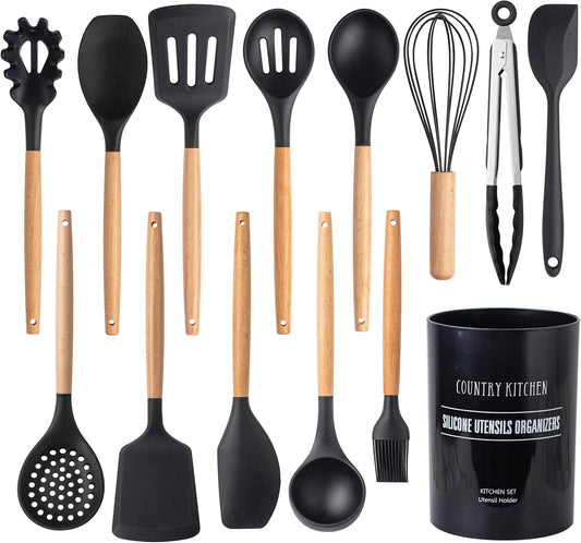 Country Kitchen Non Stick Silicone Utensil Set with Rounded Wood Handles for Cooking and Baking, 14 Piece Set, Black