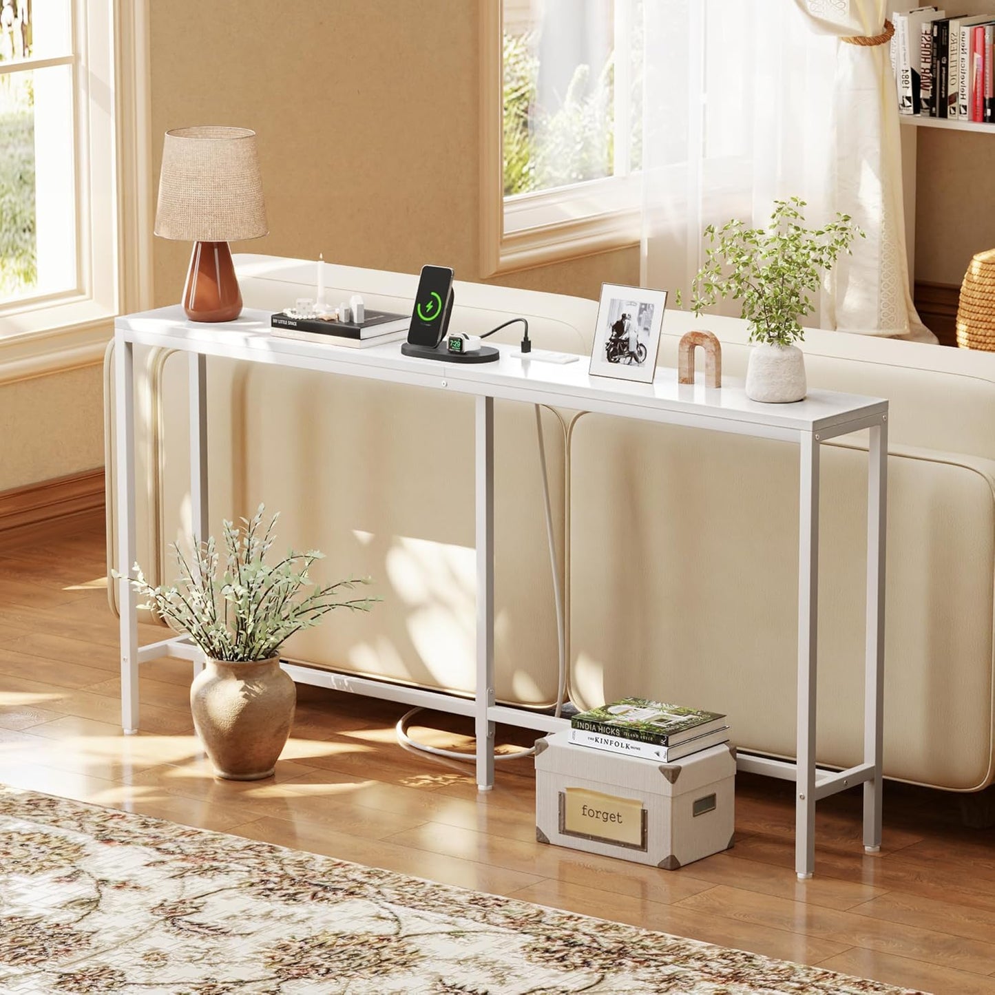 SUPERJARE Console Table with Outlet, 63 Inch Sofa Table with Charging Station, Narrow Entryway Table, Skinny Hallway Table, Behind Couch Table, for Living Room, Plants, White