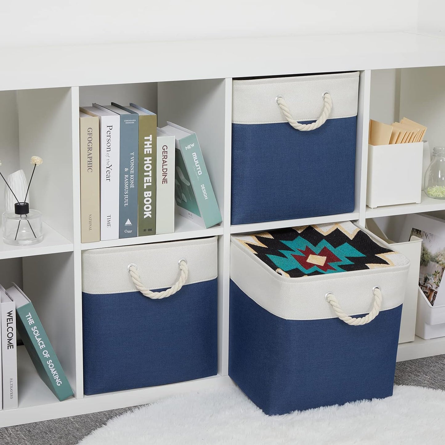 Bidtakay Storage Baskets Large Cube Storage Bins Fabric Baskets for Organizing Shelves 13x13 Navy Blue Square Storage Bins Large Set of 3 Linen Closet Organizers for Cabinet Home