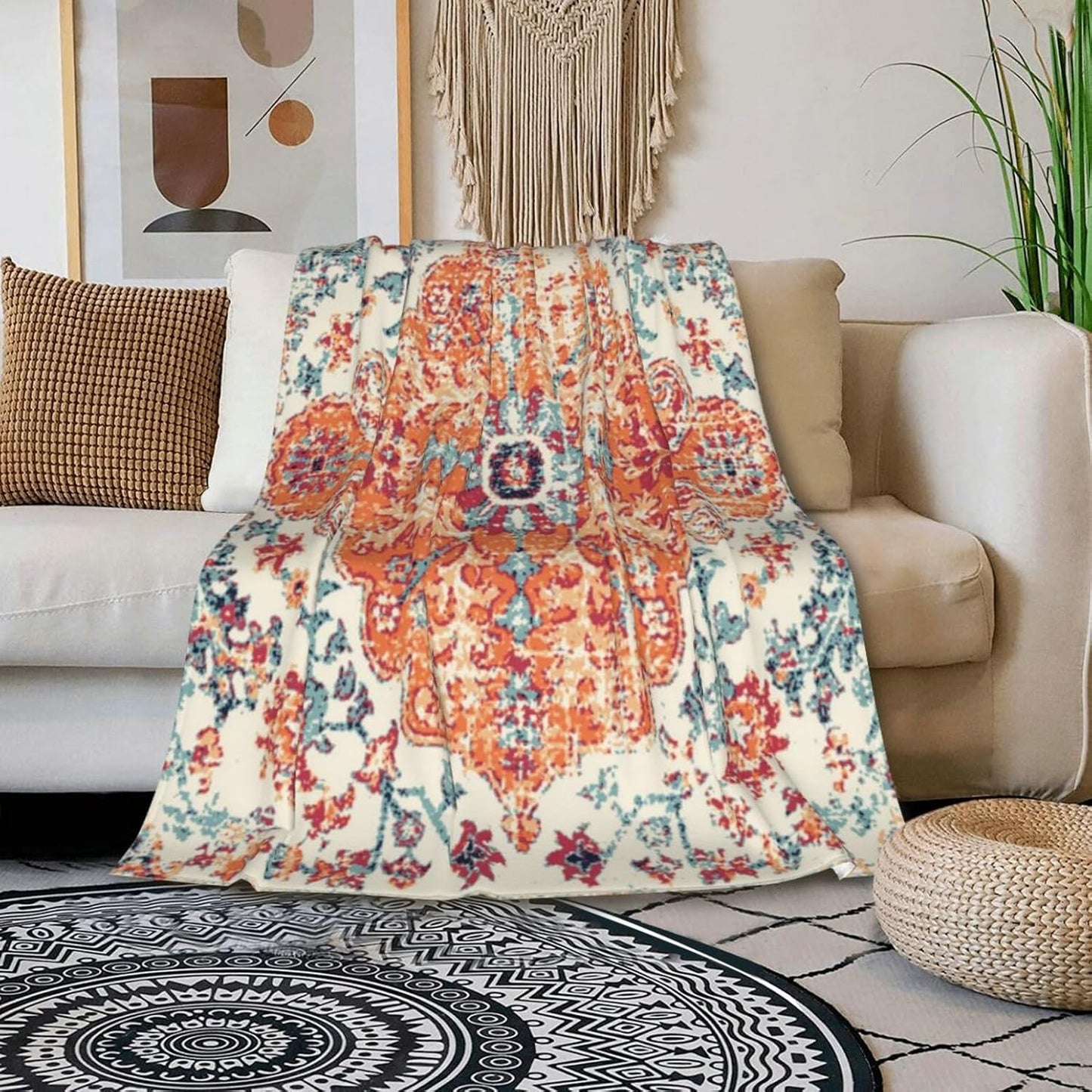 HGOD DESIGNS Carpet Pattern Throw Blanket Boho Style Ethnic Design Orange Blue Soft Blankets and Throws 50x60 Inch Caring for Women Men (130x150cm)