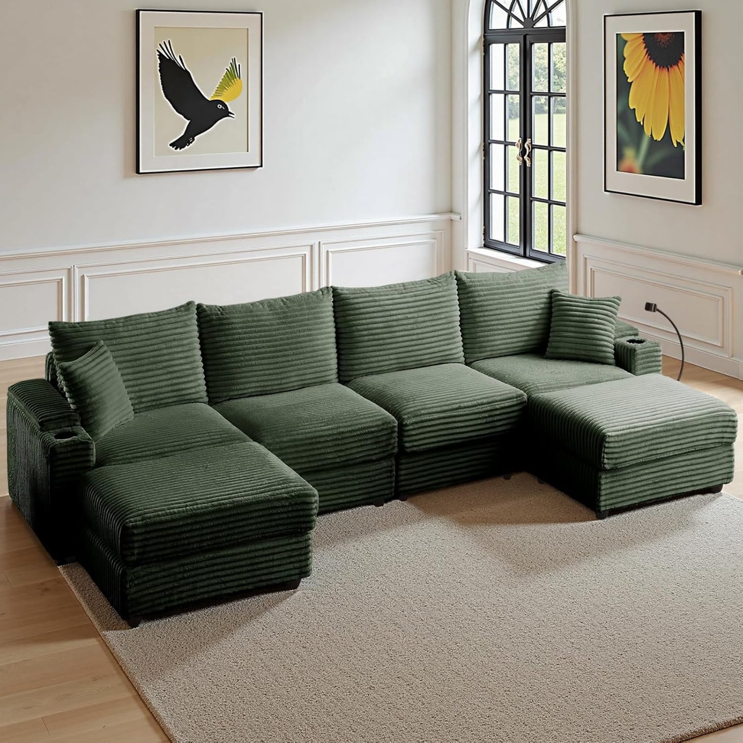 Modular Sectional Sofa Couch, Plush Corduroy Fabric Sectional Couches for Living Room with USB Charging Ports, Phone Holders, and Multi-Functional Storage Armrests (Green, 4set+2ottoman)
