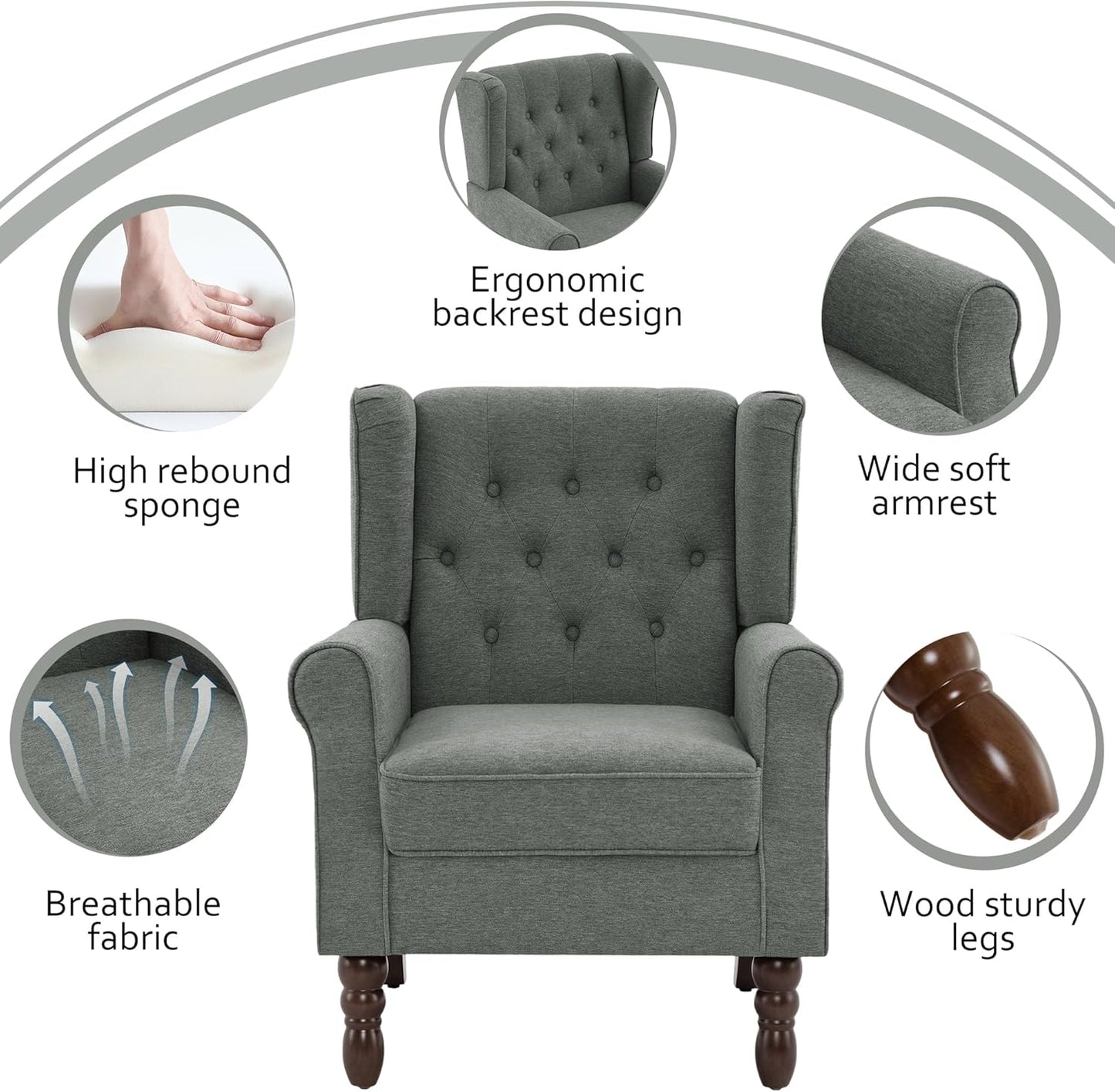 Lumibee High Back Accent Chair,Upholstered Wingback Armchair with Solid Wood Legs for Small Spaces,Comfy Single Sofa Chair for Living Room,Bedroom,Office-Gray