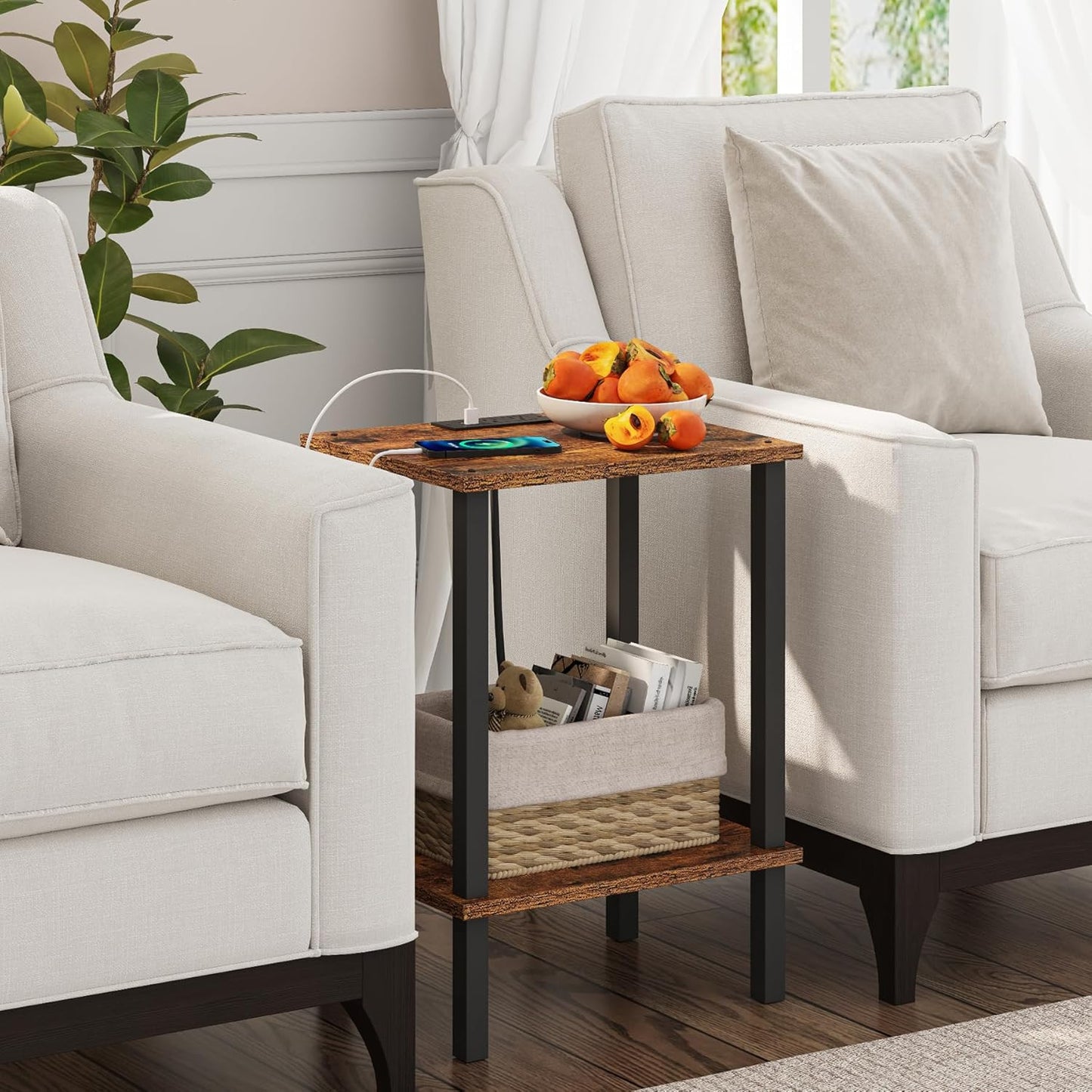 TUTOTAK End Table with Charging Station, Side Table with USB Ports and Outlets, Nightstand, 2-Tier Storage Shelf, Sofa Table for Small Space, 1 Package（2PCS） TB01BB041